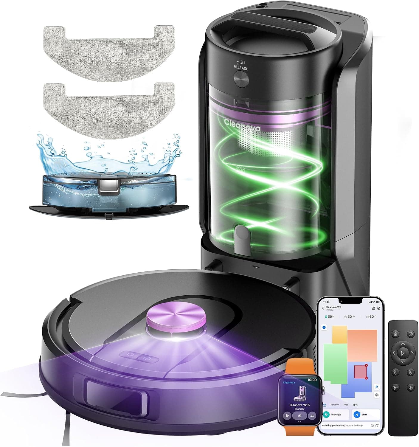 Vexilar W15 Robot Aspirador 10000Pa, con Fregona y 5 Mapa Inteligente, Autonomía 180Min, Fácil Programa, 4L Base Autovaciado sin Bolsa, Robot Aspiradora Fregadora para Suelos/Alfombras/Partícula