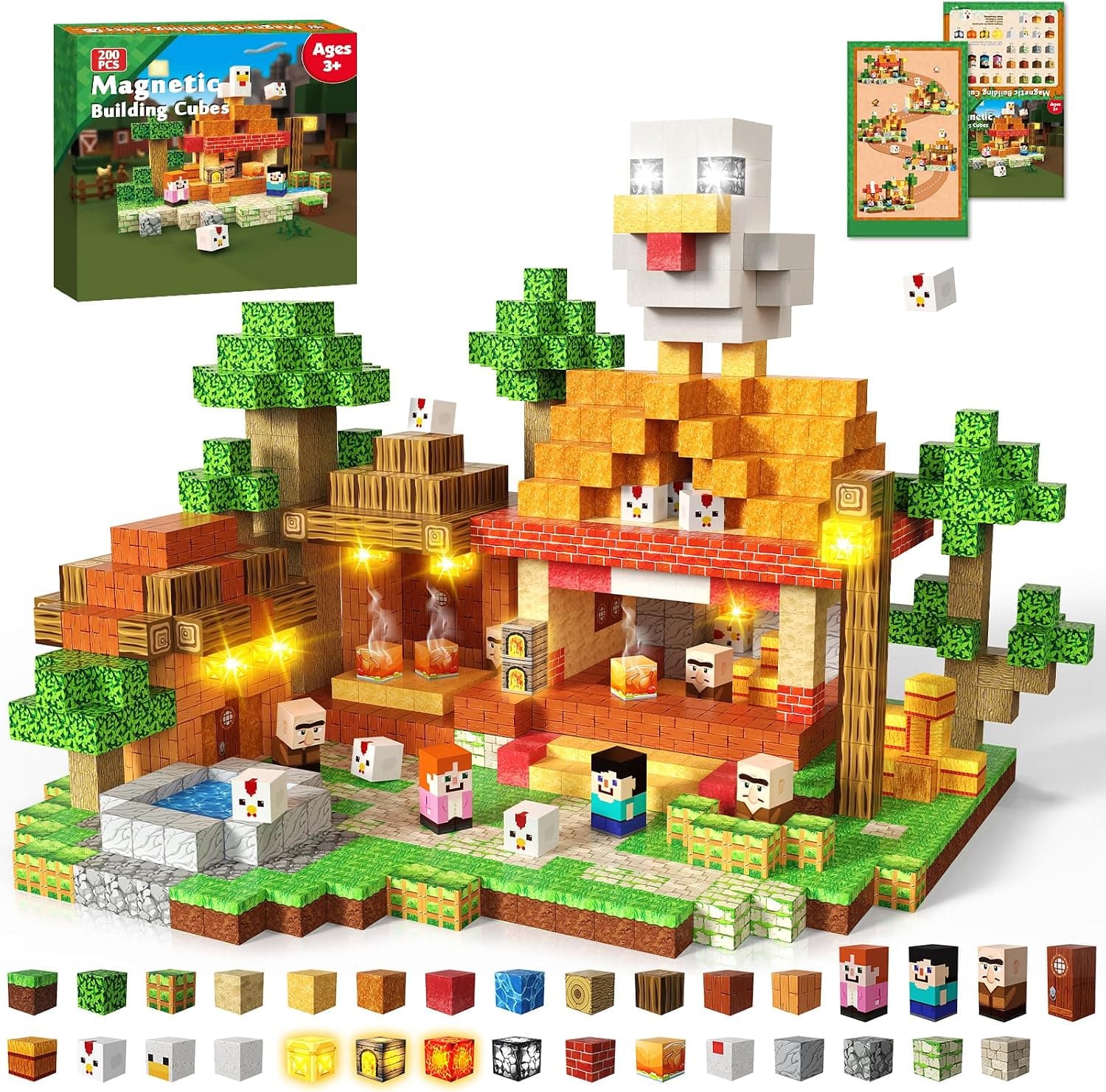 GraceDuck Bloques Magnéticos Construccion Niños 200 Piezas - Granja de Pollos y Restaurante Temático, Juguete Stem con Animales y Horno, Regalo para Niños y Niñas a Partir de 3+ Años