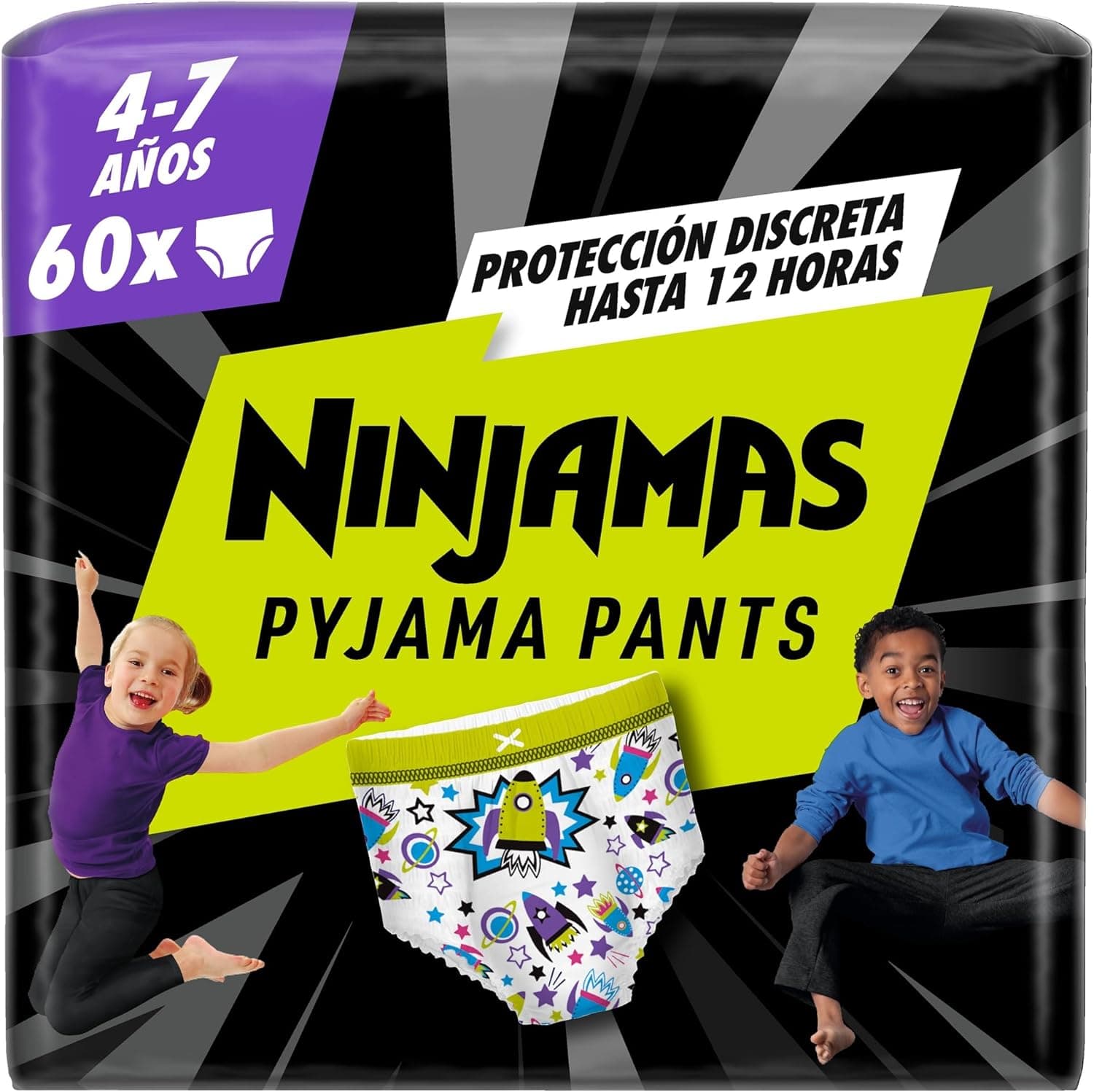 DODOT Ninjamas Pañal Branguita para Pijama con Naves Espaciales, 60 Pañales de Pijama, 4-7 Años, 17kg-30kg, Protección contra fugas toda la noche