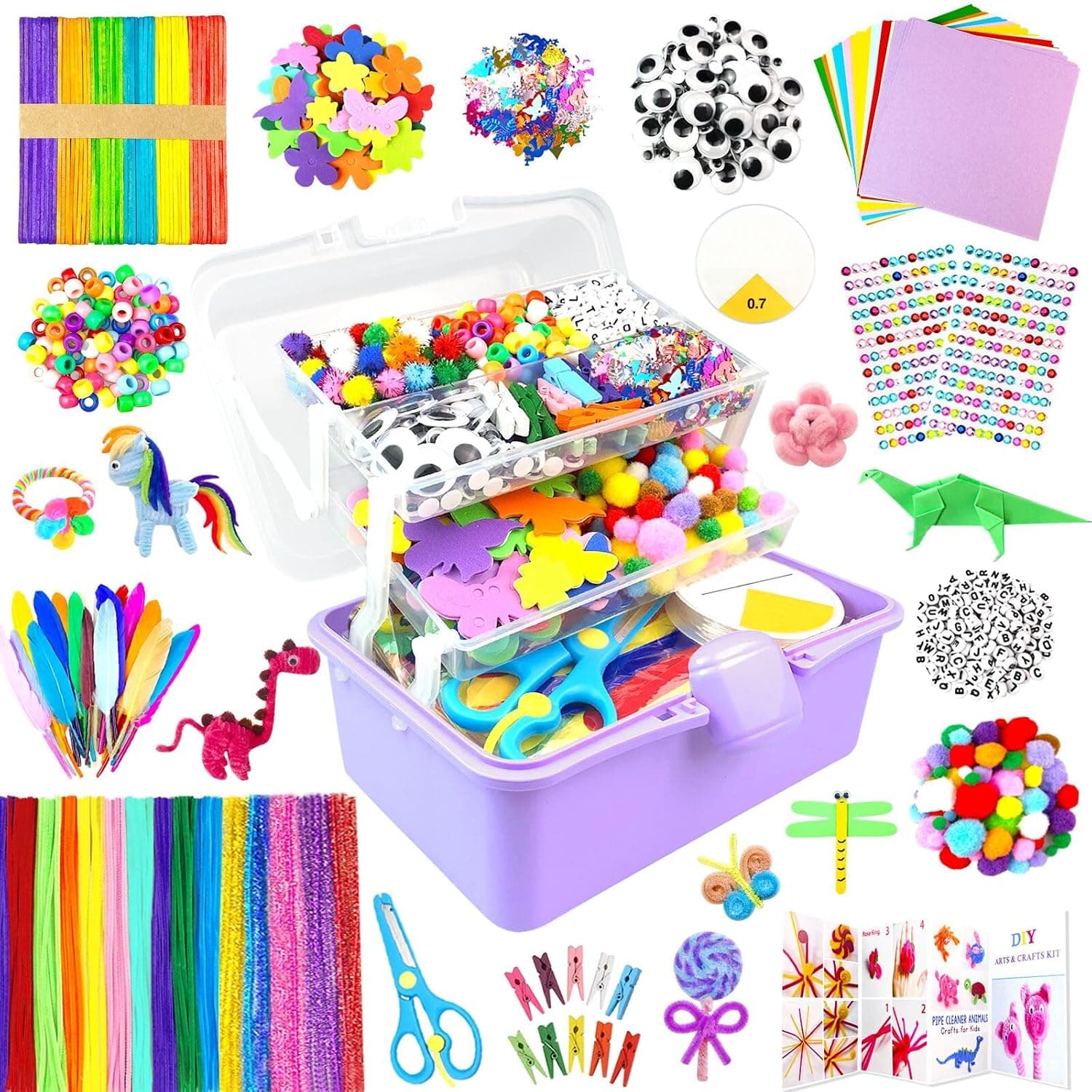 3000Pc Manualidades Niños, Kit Manualidades Material para Niñas, DIY Creativo Set con Portátil Caja de Artesanía de 3 Pisos Caja Limpiapipas, Juguetes Educativos Regalo para Niño Niña 4-8, 8-12 Años