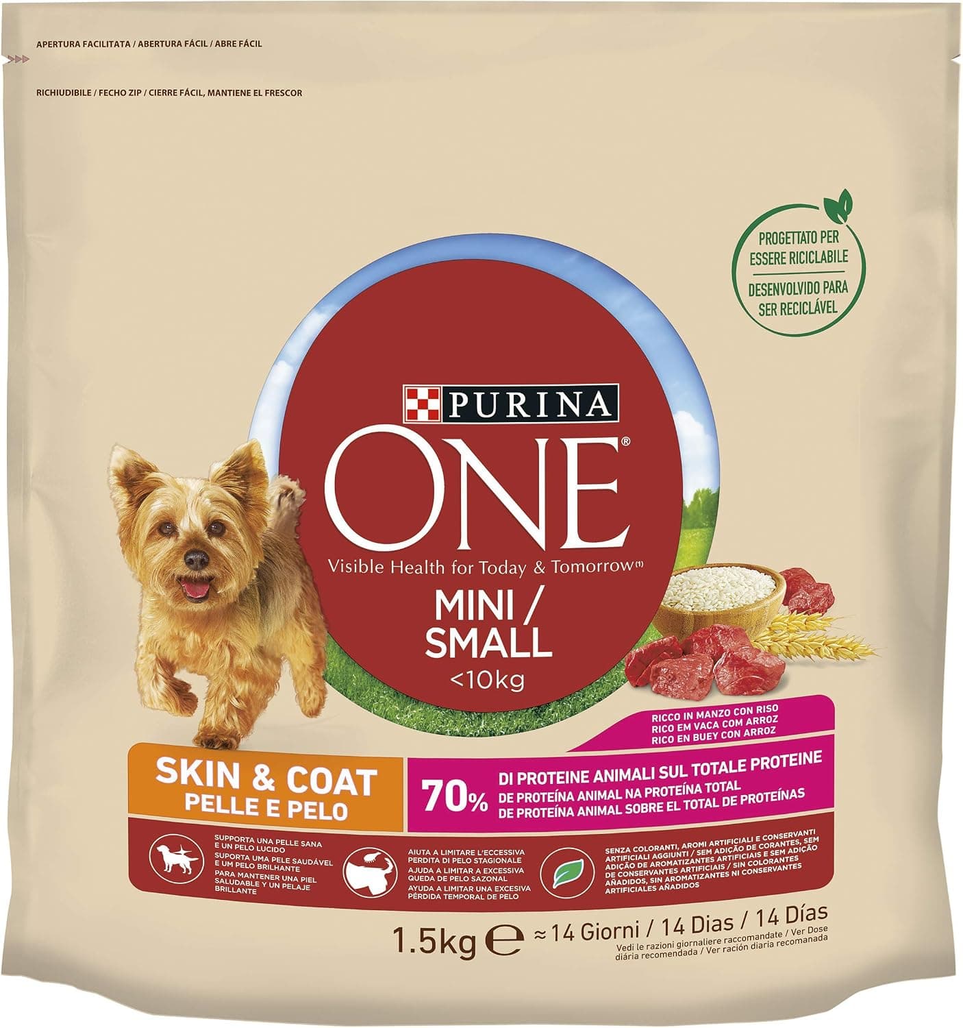 Purina ONE Mini <10kg pienso perro pequeño piel y pelaje Buey 6x1,5 kg