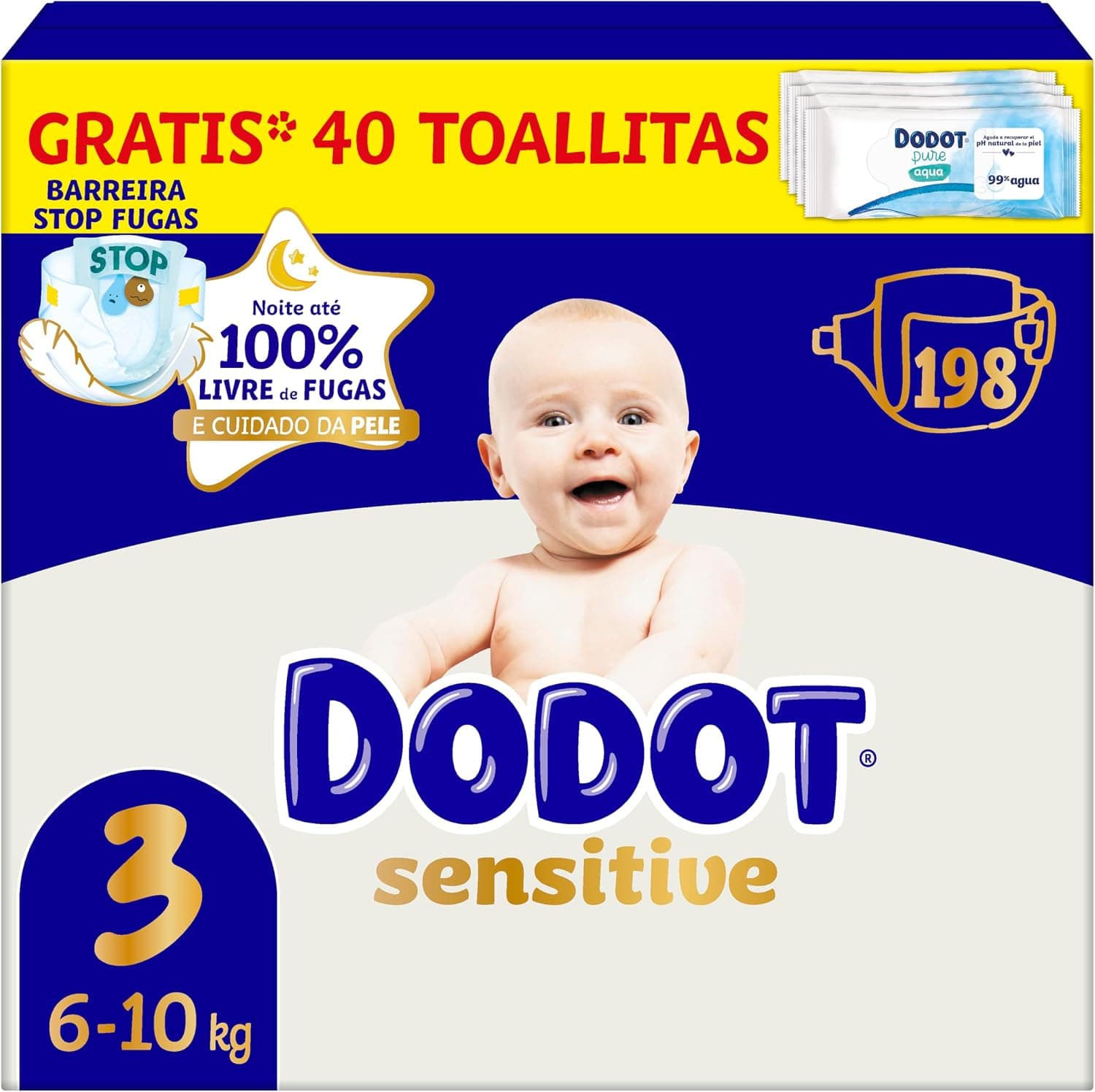 Dodot Pañales Bebé Sensitive Talla 3 (6-10 kg), 198 Pañales + 1 Pack de 40 Toallitas Gratis Cuidado Total Aqua, Absorción y Protección de la Piel de Dodot