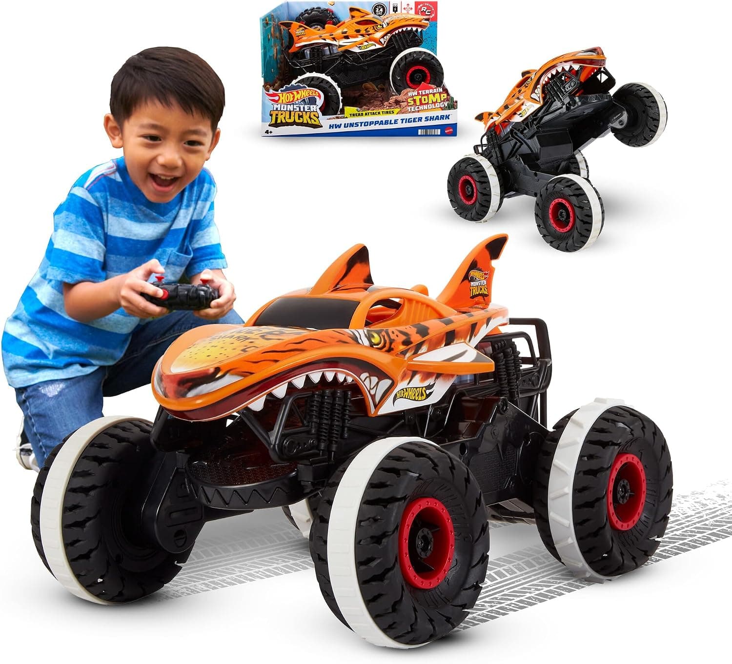 Hot Wheels Monster Trucks Coche Teledirigido, Coche de Juguete Radio Control teledirigido Tiger Shark Unstoppable, vehículo Todoterreno, +3 años, HGV87