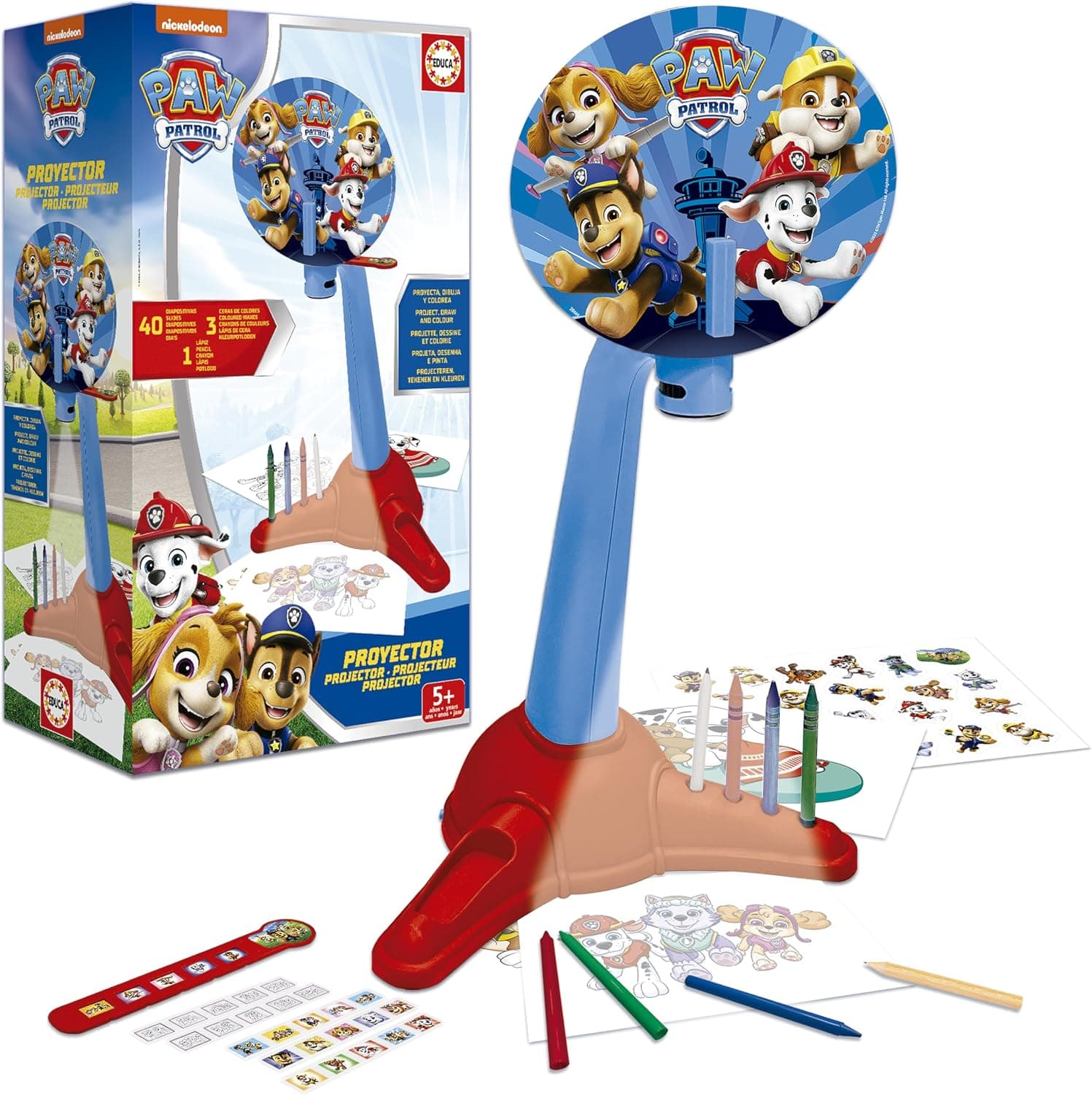 Educa - Proyector Dibujos Patrulla Canina | Proyector para Niños con 40 Diapositivas | Ceras de Colores y Lápiz | Proyector Infantil Paw Patrol | Juguete Creativo 5 años (20444)