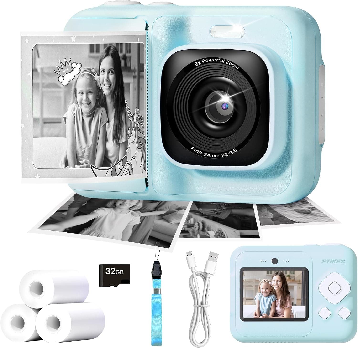 Cámara Instantánea Infantil 1080P, 3 Rollos de Papel, Azul