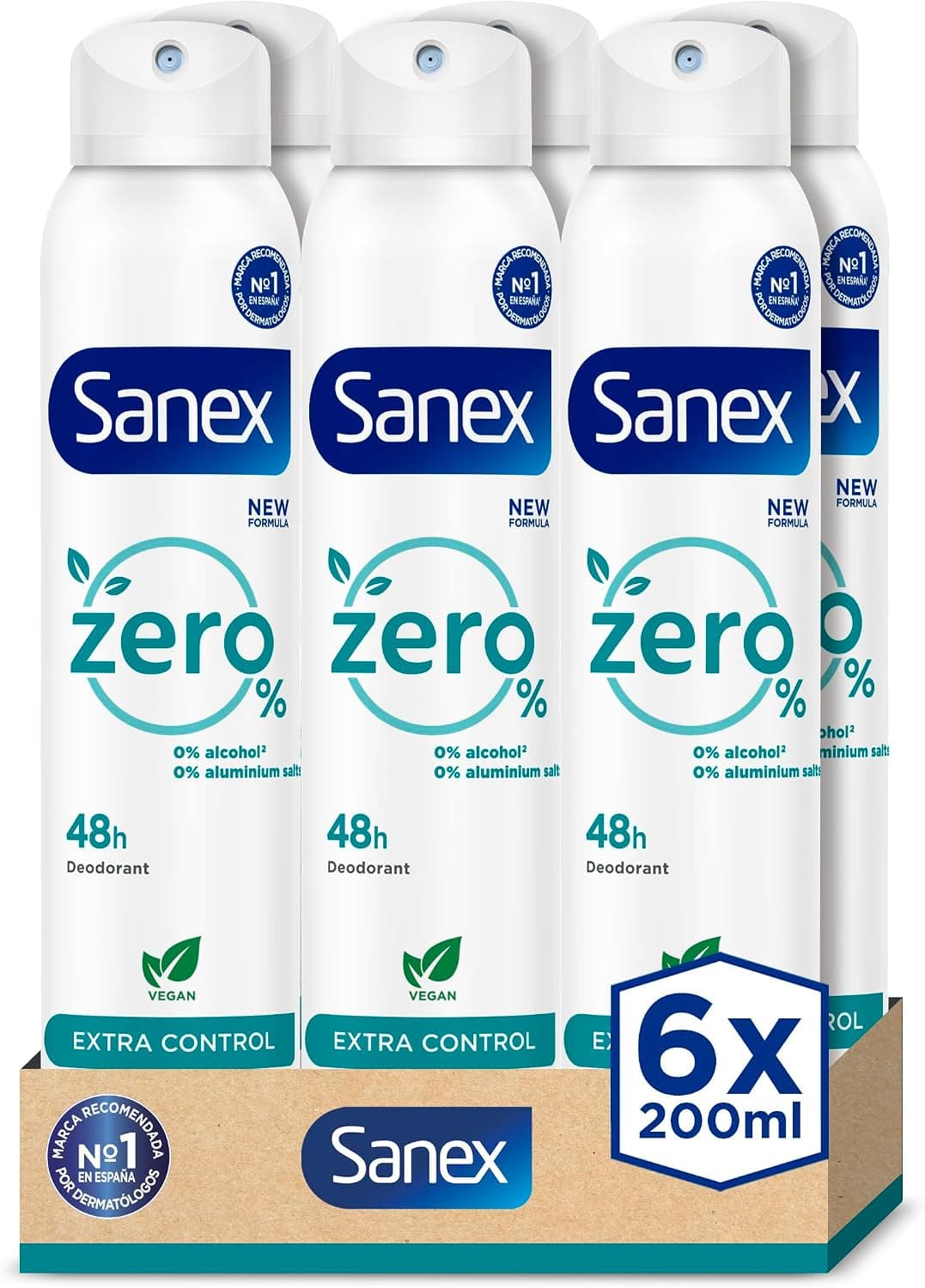 Sanex Zero% Extra Control Desodorante Spray, Pack 6 Uds x 200ml, Protección 48H, 0% Alcohol y 0% Sales de Aluminio, Ingredientes Antibacterianos, Inhibe la Formación de Olores Corporales