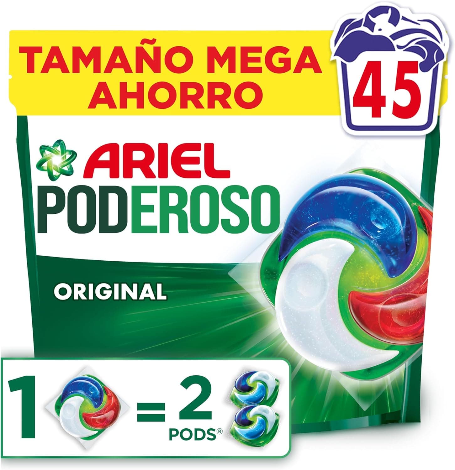 Ariel Pods PODEROSO Detergente lavadora capsulas | 45 Lavados | Original | POD GRANDE = 2 PODS | 2X eliminación de manchas y olores