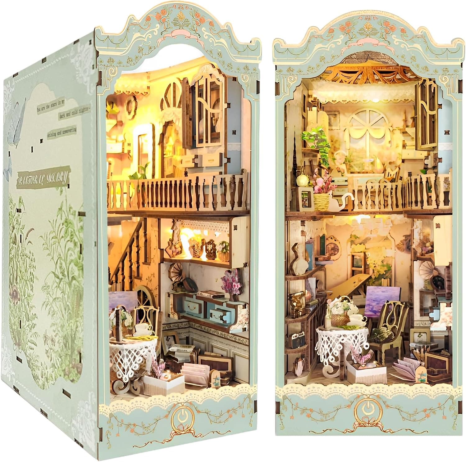 DIY Book Nook Kit - Casa de muñecas en Miniatura de Madera con Muebles y Luces LED, Decoración de inserción de estantería Creativa, Estantería Insertar