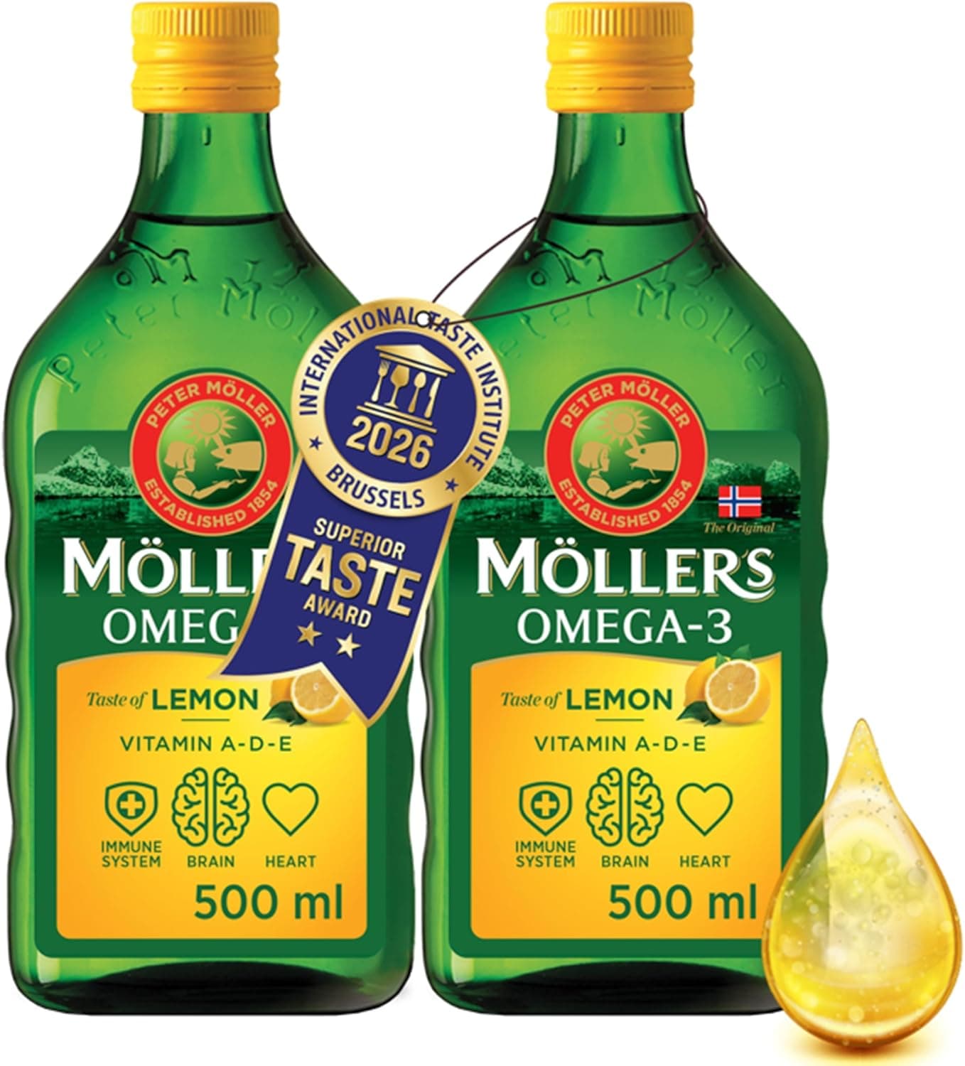 Moller’s ® | Aceite de hígado de bacalao | Complemento dietético con omega-3 EPA, DHA y vitaminas A, D y E | Sabor Limón | 500 ml x 2