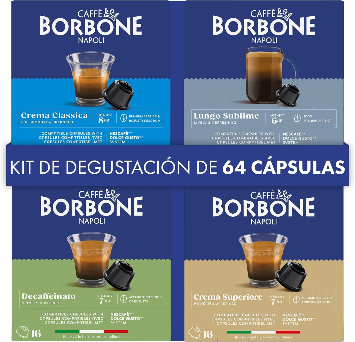 Caffè Borbone Kit de Degustación 64 Cápsulas Compatibles con Dolce Gusto®* - Mix de 4 Variedades de Cafè con Intensidades Surtidas - Compatibles con Cafeteras Nescafè®* Dolce Gusto®*