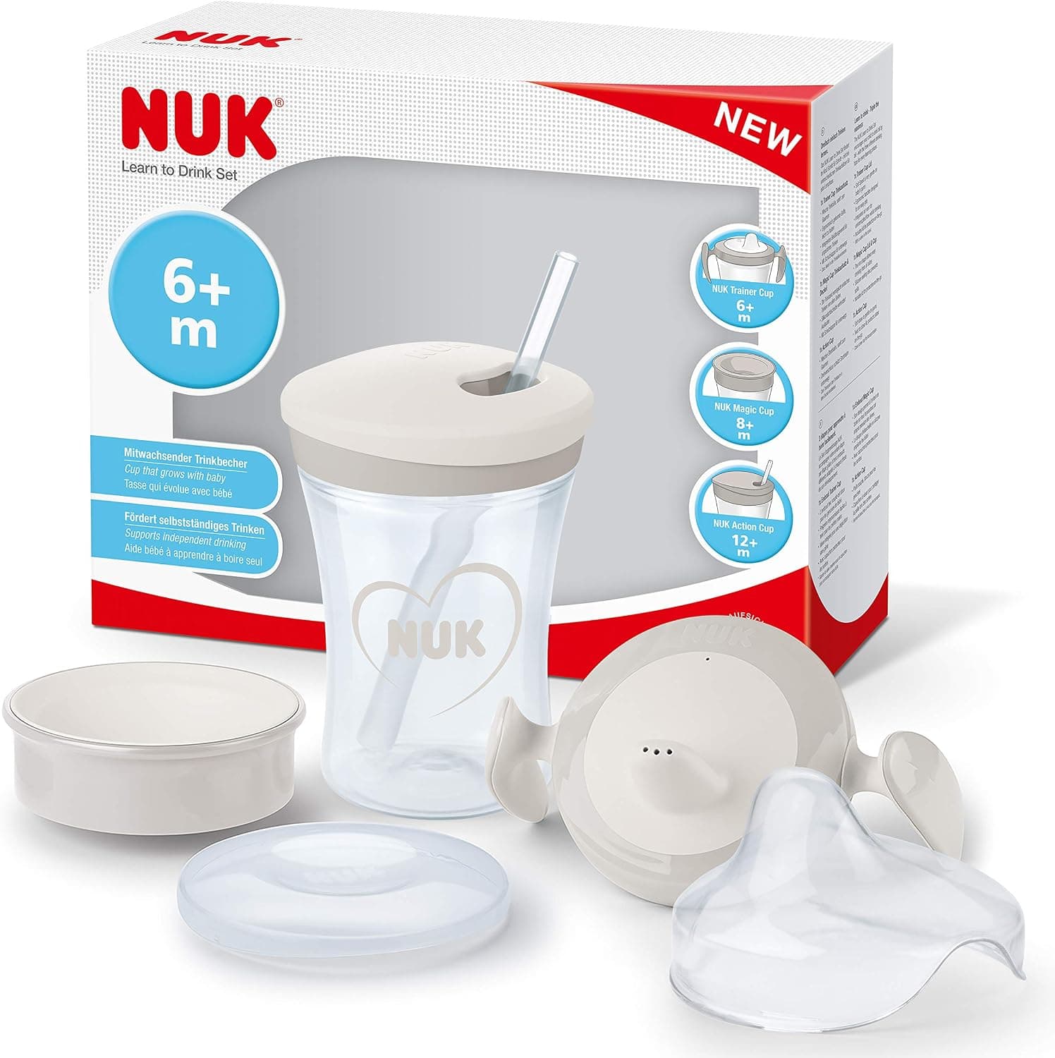 NUK Learn to Drink Set con biberón Trainer Cup (6M+), Taza para sorber Magic Cup 360° (8M+) y taza para niños Action Cup (12M+), 230 ml, sin BPA, Gris y blanco