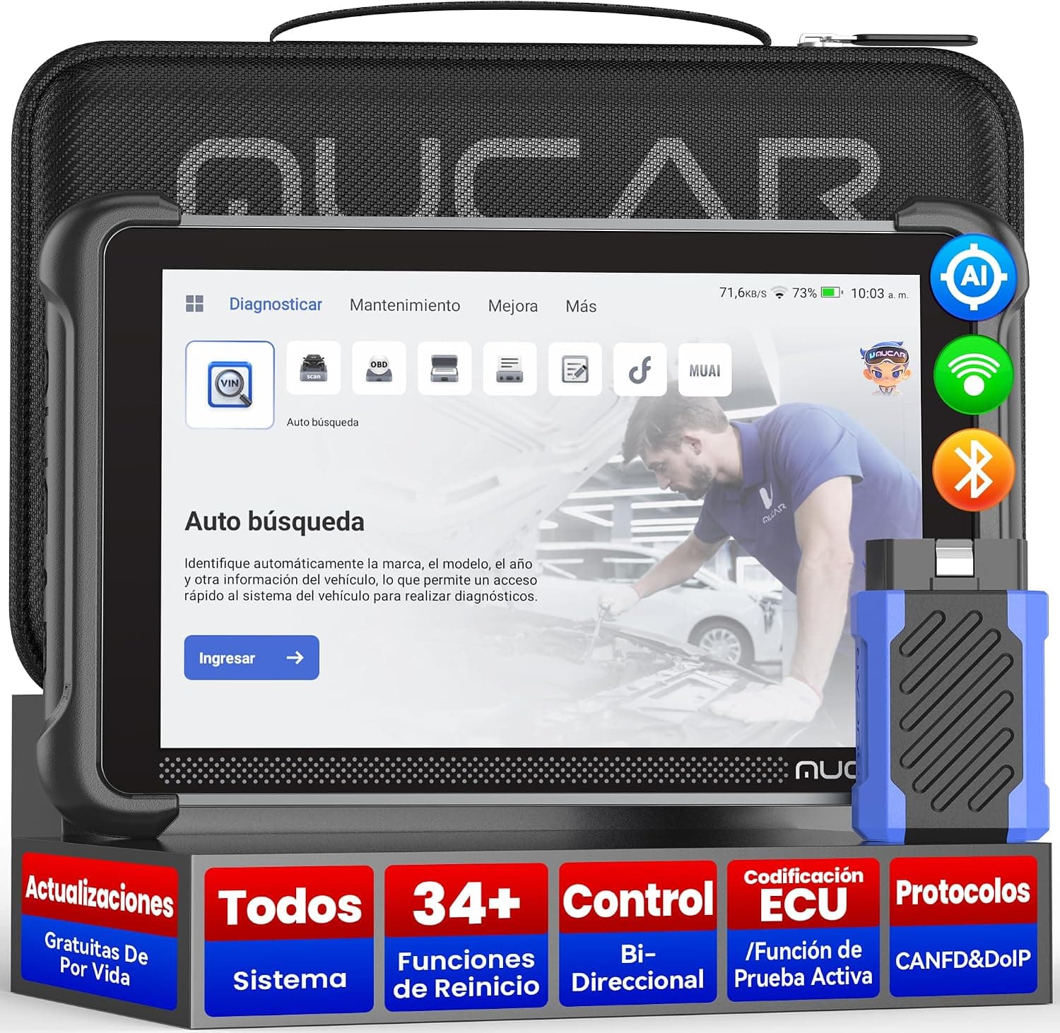 mucar OBD2 Diagnosis con AI Assist, 892BT Diagnosis Coche Multimarca con 34 Funciones De Reinicio + Todos Sistema, OBD2 Diagnóstico para Control Bi-Direccional/Codificación ECU-Actualización Gratuita