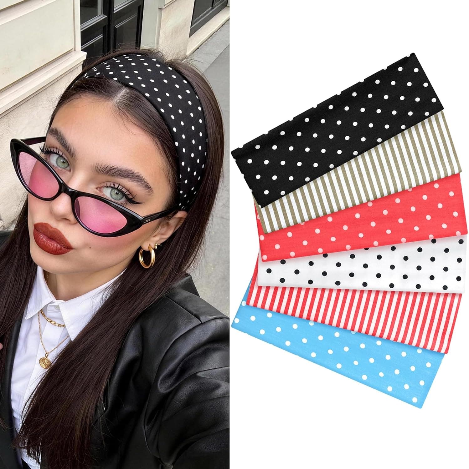 KAVYA Cinta Pelo Mujer, Diadema Deportiva Ancha 6 cm – Antideslizante, Suave y Elástica – Headband para Fitness, Yoga, Skincare – Pack de 6 con Lunares y Rayas – Accesorios para el Cabello