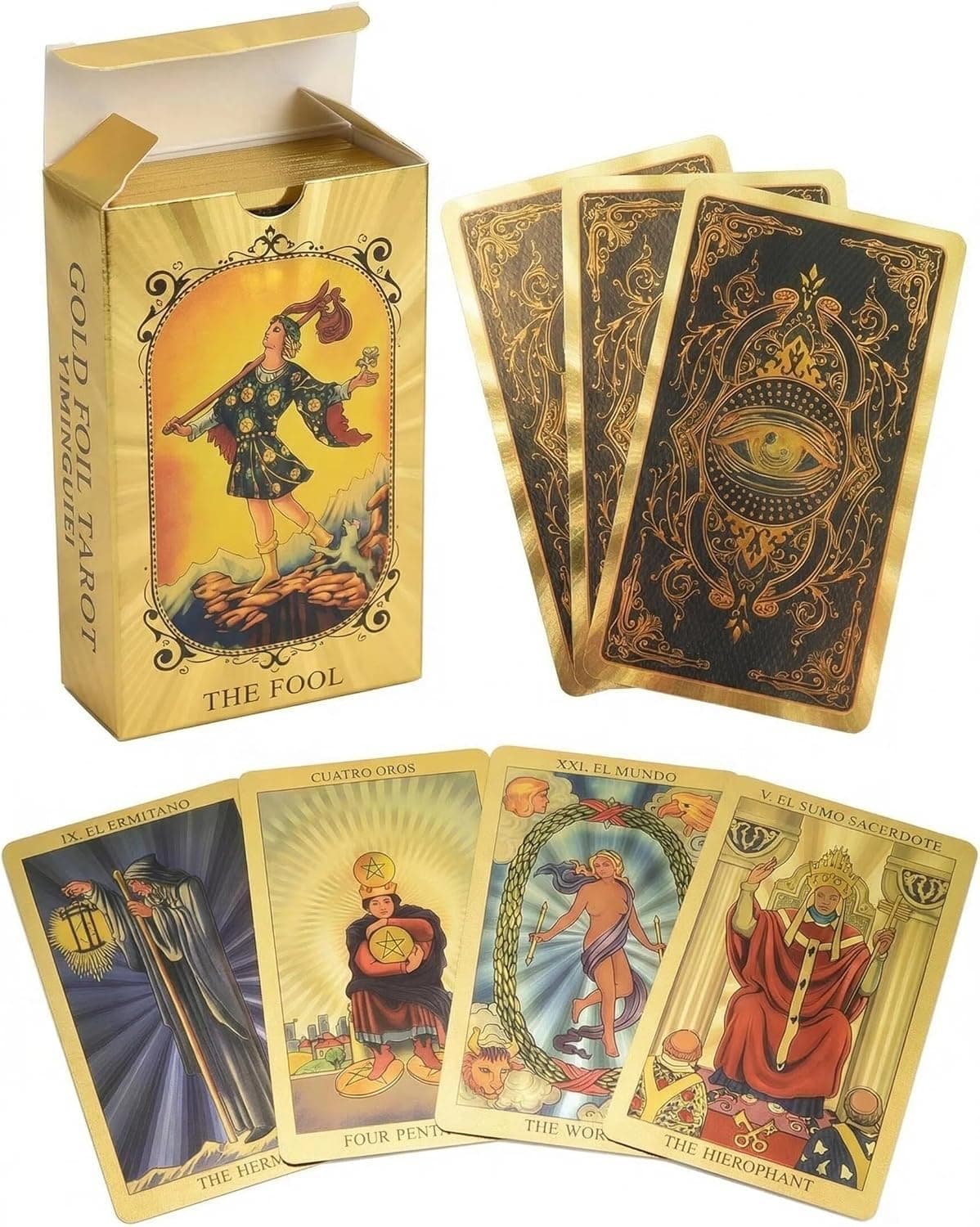 Tarot Rider Waite Español-Inglés, 78 Cartas Bilingües Doradas