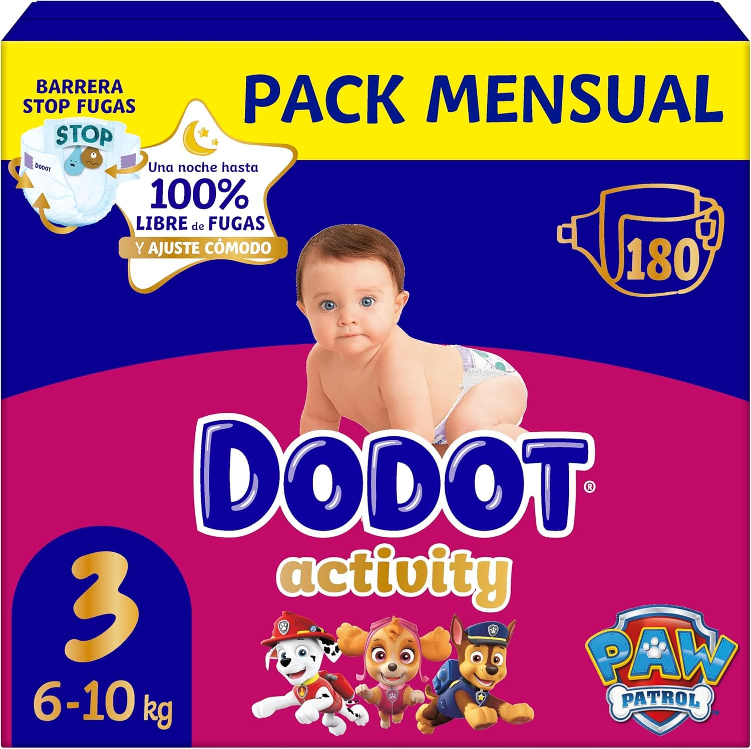 Dodot Pañales Bebé Activity, Talla 3 (6-10 kg),180 Pañales, Hasta 12h de Protección Antifugas y Ajuste, Pack Mensual