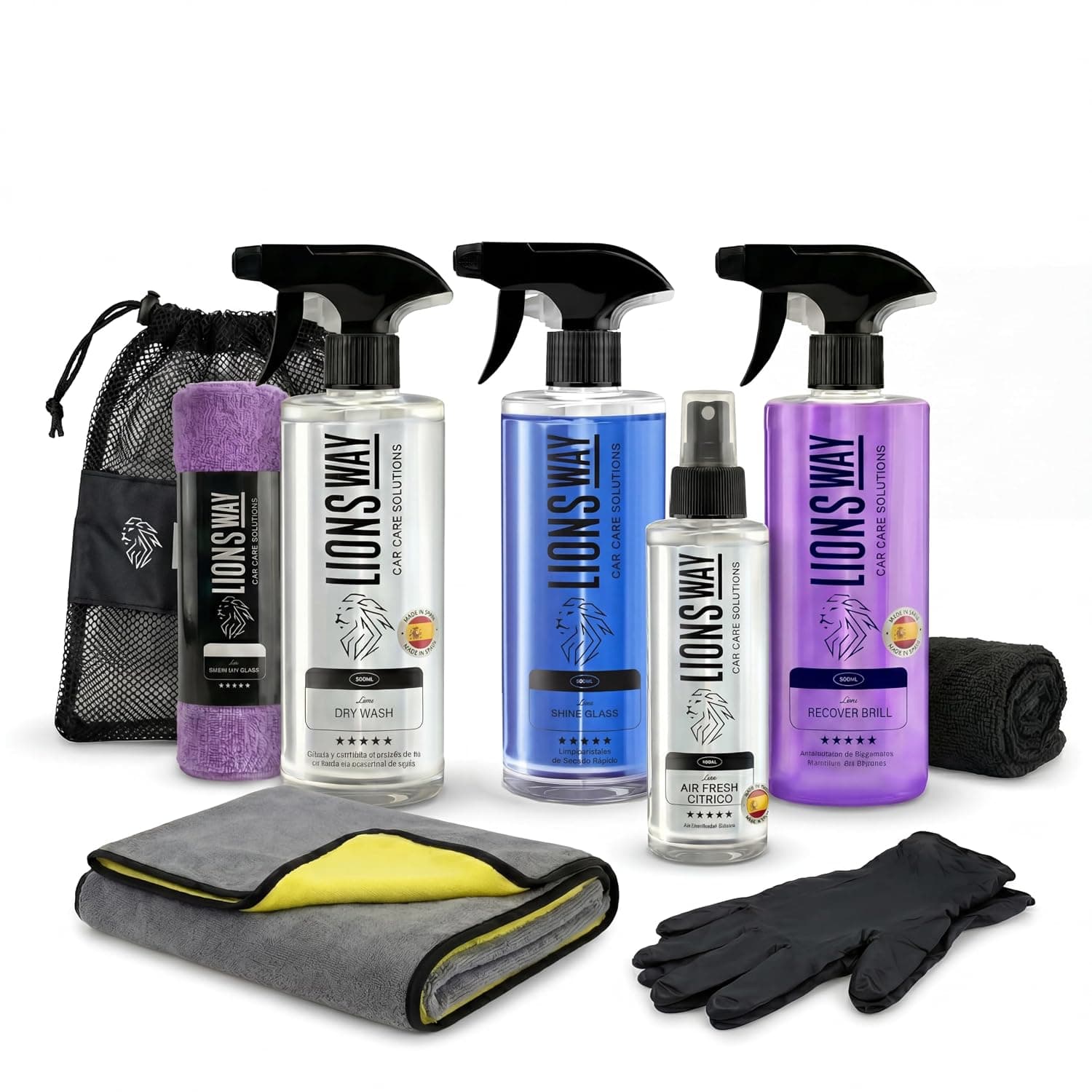 LionsWay: Kit Limpieza Coche Interior y Exterior con Bayeta Gigante | Limpieza Exterior Cera de Carnauba + Limpia Salpicaderos + Limpiacristales 500ml | 2 Bayetas Microfibra + Guantes Nitrilo