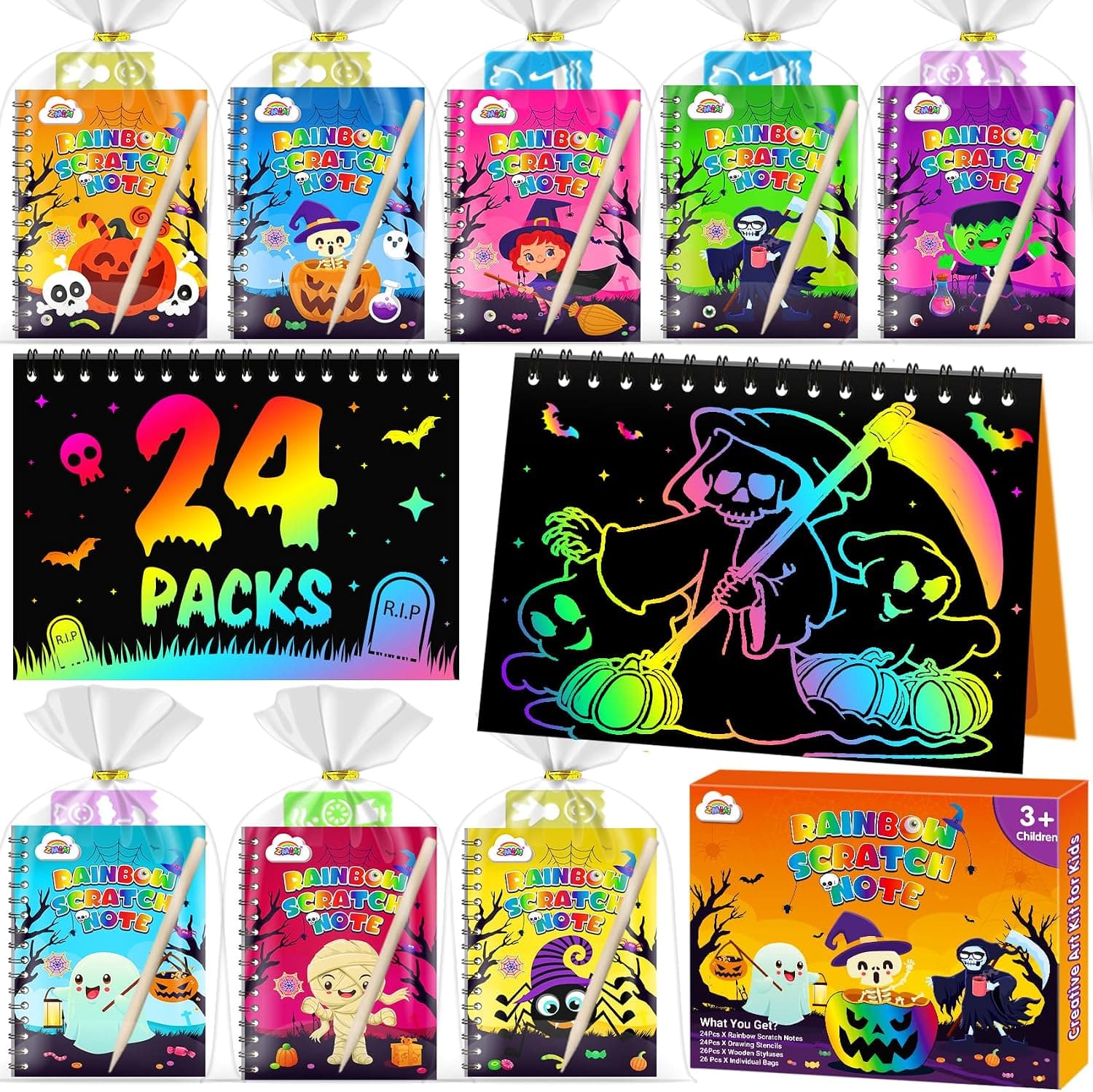 ZMLM Libros Scratch Art Detalles Cumpleaños Niños, Creativo Arco Iris Dibujar de Rascar Kit con Lápices de Madera, Plantillas de Dibujo para Fiesta Regalos Cumpleaños Niños Colegio (Hallowee)