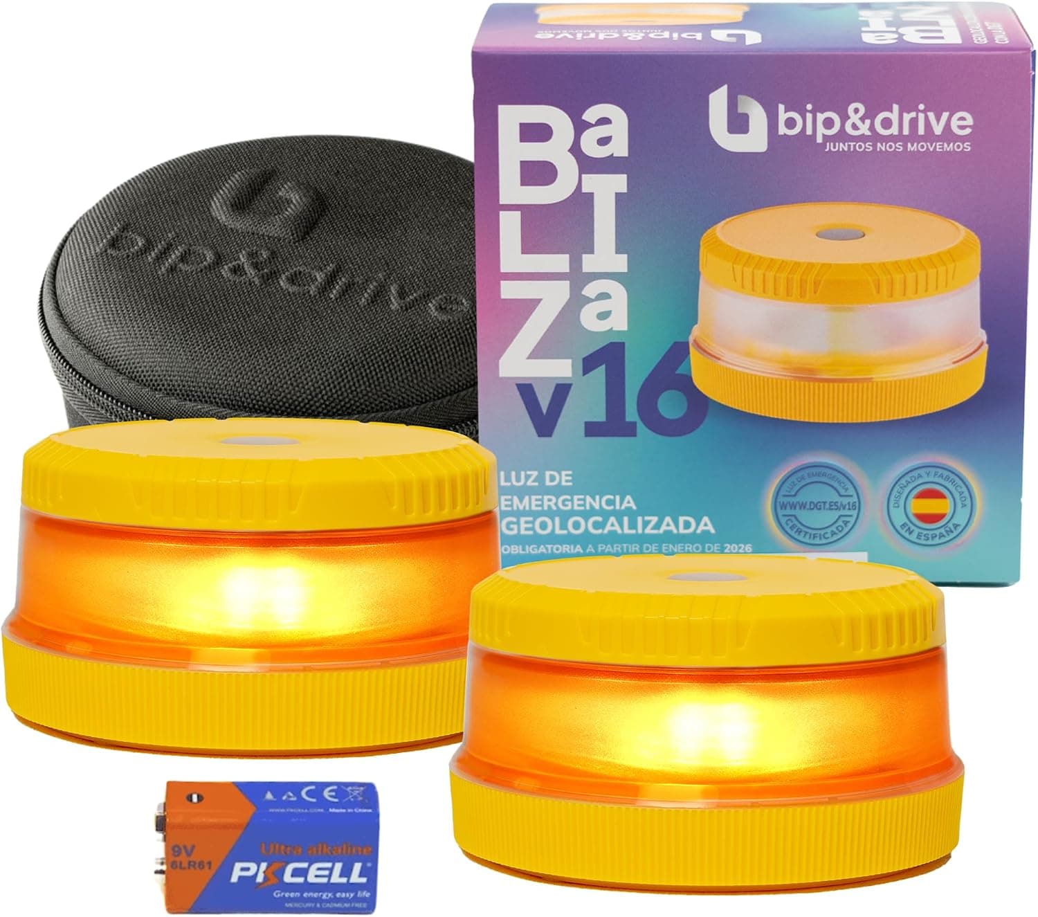 Baliza V16 Homologada DGT con Geolocalización | Luz de Emergencia Coche LED 360° 1km | Conectada DGT 3.0 | Resistente a la Lluvia | Indicador de Batería | Bip&Drive (2 Balizas + 2 Fundas)