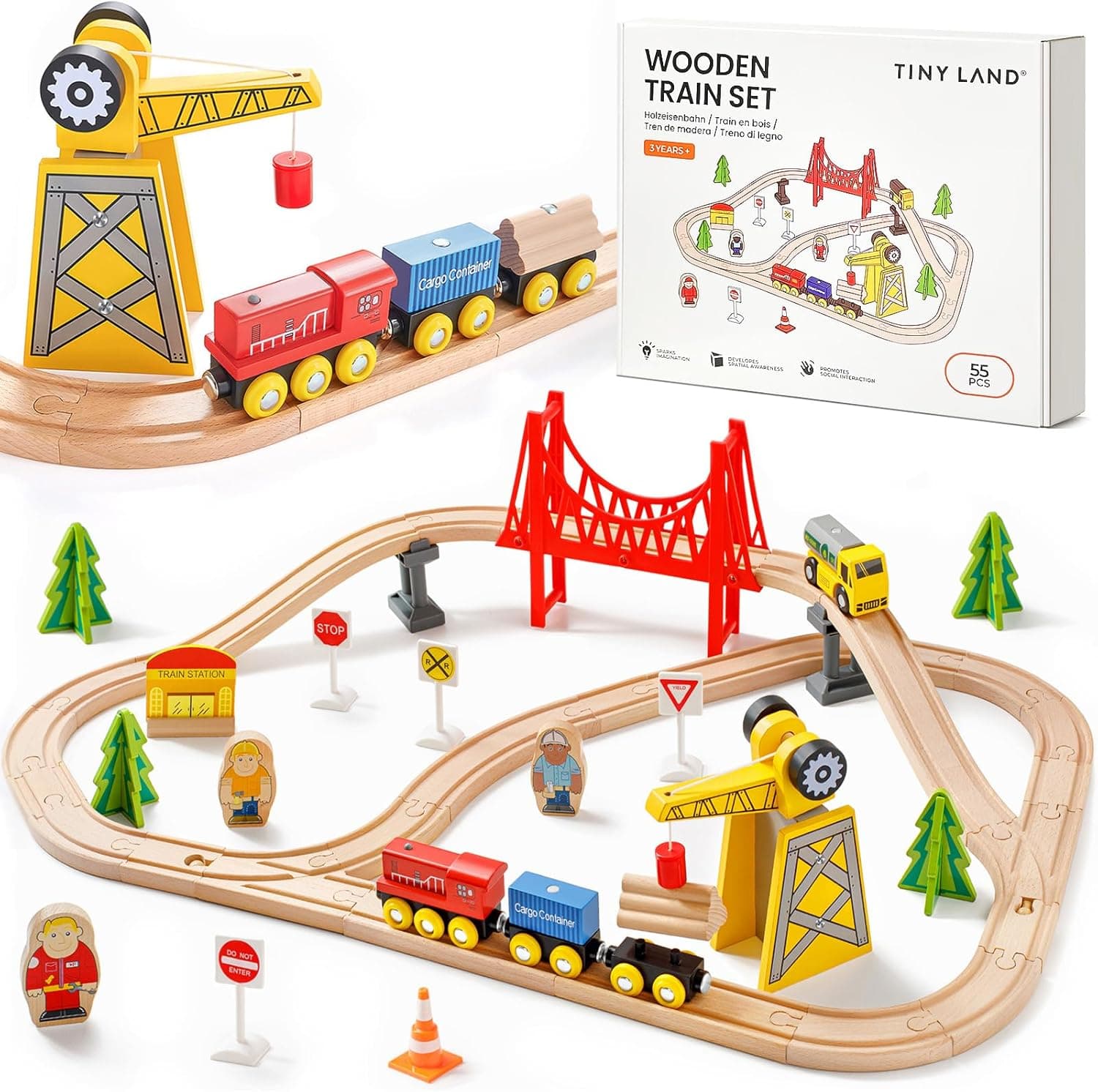 Tiny Land 55 Pcs Juego de Trenes, Grúa Exclusiva, Pistas de Madera y Trenes