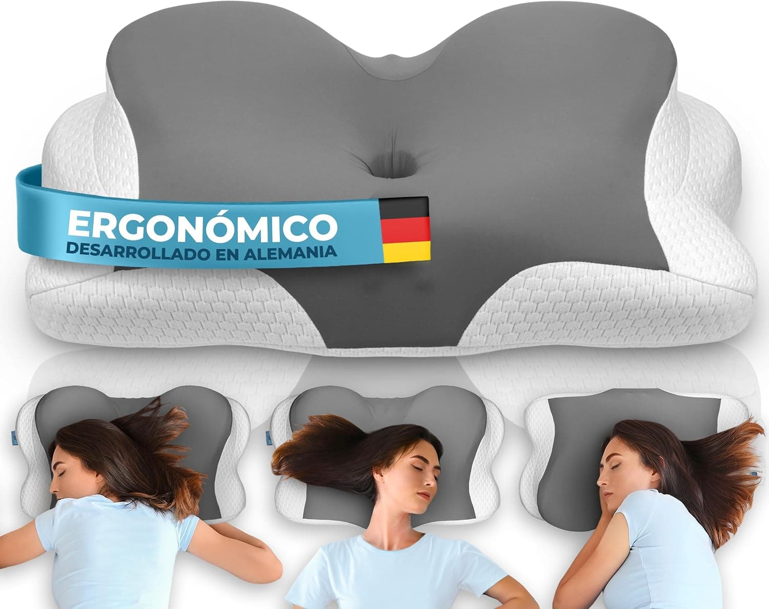 Glückstoff® Almohada Ergonómica [Nominado al Premio Innovación Ergonomía] Almohada Memory Foam | Almohada Cervical Ergonómica Rodillo Cervical Almohada para Dormir de Lado Gris