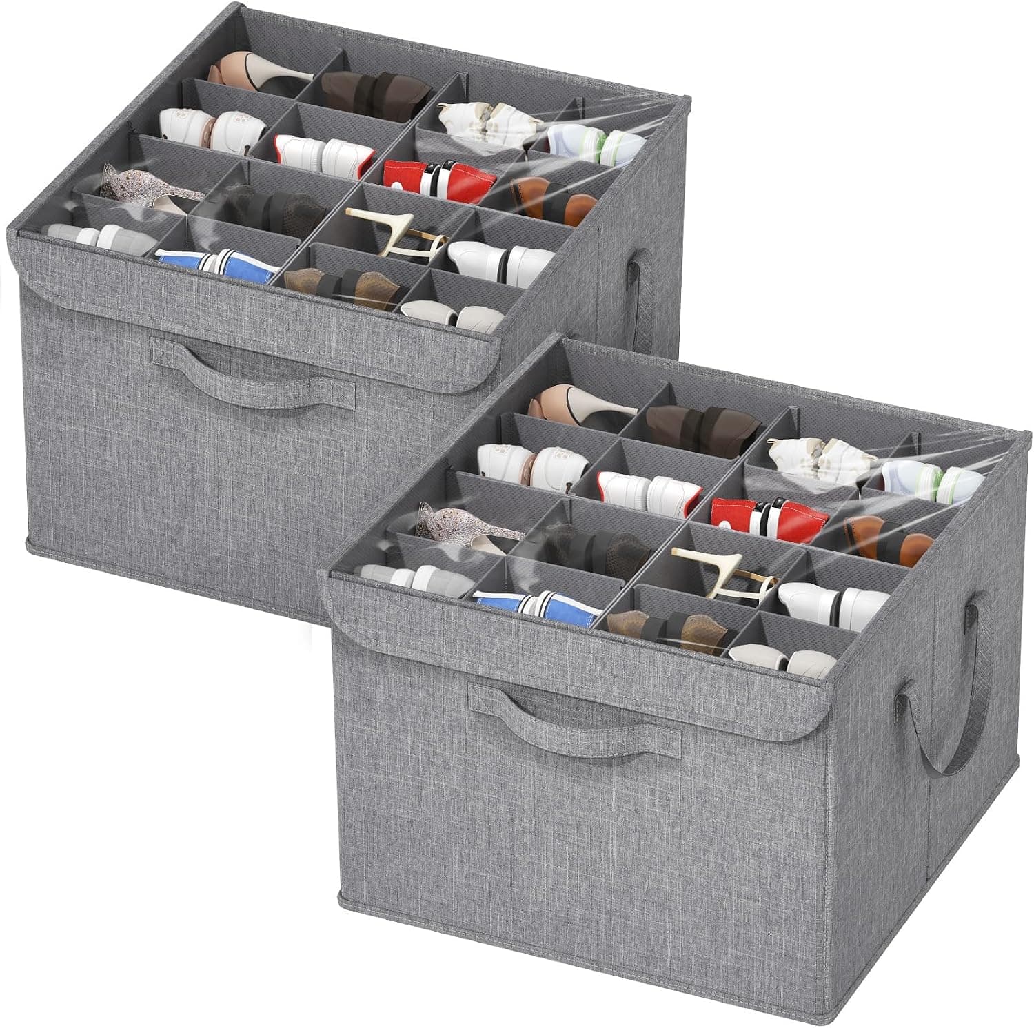 Lifewit Organizador de Zapatos para Armario, Divisores Ajustables para Almacenamiento de Zapatos, Cajas de Almacenamiento Plegables con Cubierta Transparente, Gris Claro, 2 Paquete para 8-32 Pares