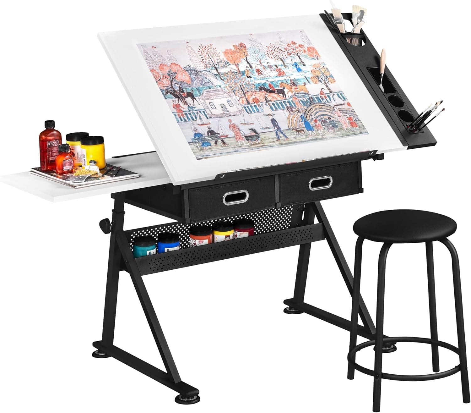Yaheetech Mesa de Dibujo Inclinable 0-60° con Banco Ajustable Blanco