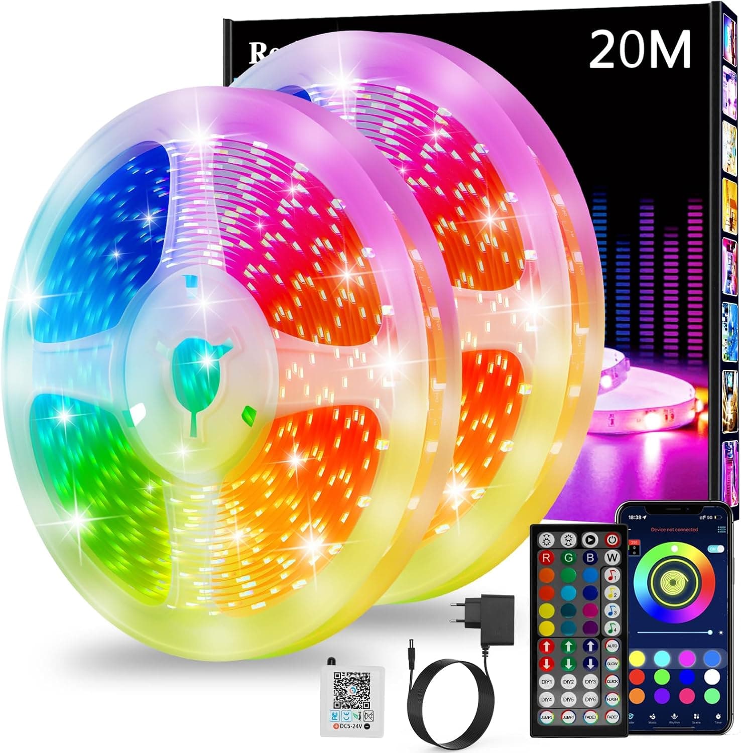 Tira LED 2x10m, Luces Led Habitacion RGB Bluetooth Adhesivas, Luces LED