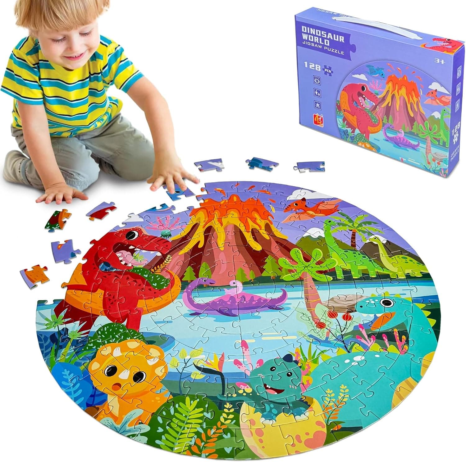 Puzzle Niños 3 4 5 6 Años, 128 Piezas Juegos de Puzzle, Rompecabezas Volcánico de Dinosaurios, Grandes Circular Educativos Puzzle Infantil Regalos para Niños y Niñas, 42x42 cm