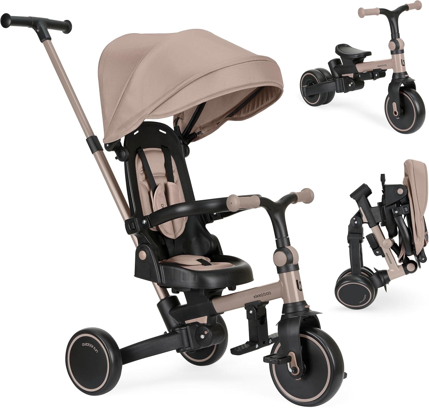KikkaBoo Triciclo Evolutivo 8 en 1 ALUMA, Triciclo Bebé Desde 1 Año Plegable con Manillar Padres, Asiento Reversible, Capota Ajustable, Arnés 5 Puntos, Marco Aluminio, Beige
