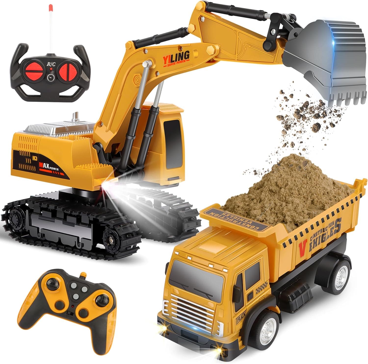 Charmofun Excavadora Teledirigida con Vehículo Teledirigido, 2,4 GHz Excavadora RC con Luz y Sonido, Coches Juguete Radiocontrol para Niños y Niñas Mayores de 3 Años, Juguete Construcción Regalo Cumpl