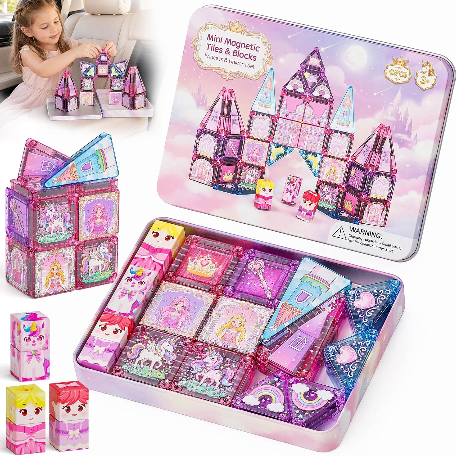 burgkidz Bloques de construcción magnéticos de Viaje para niñas: 42 Piezas Princesa Unicornio magnético Tiles Caja de Metal para Coche y avión – 60 Minutos de ocupación, 30 s de Limpieza