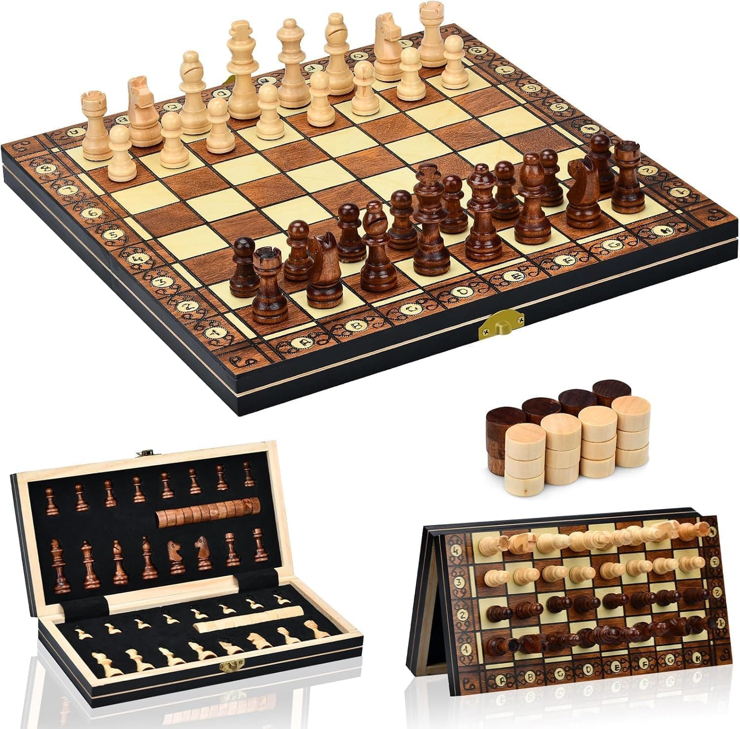 Aissom Juego De Ajedrez, 2 En 1 Madera, Ajedrez Magnetico Plegable con Ranuras de Almacenamiento,para Viaje Fiesta Regalos, Ajedrez De Viaje, Juego De Ajedrez para niños (29x29cm)