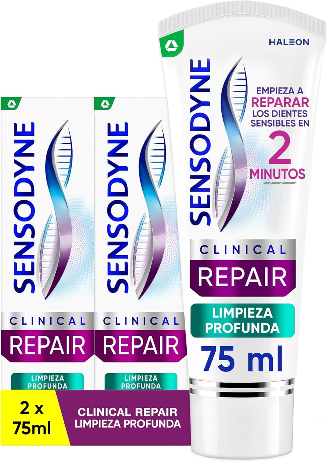 Sensodyne Clinical Repair Limpieza Profunda, Pasta Dentífrica para Dientes Sensibles, Pack de 2 x 75 ml