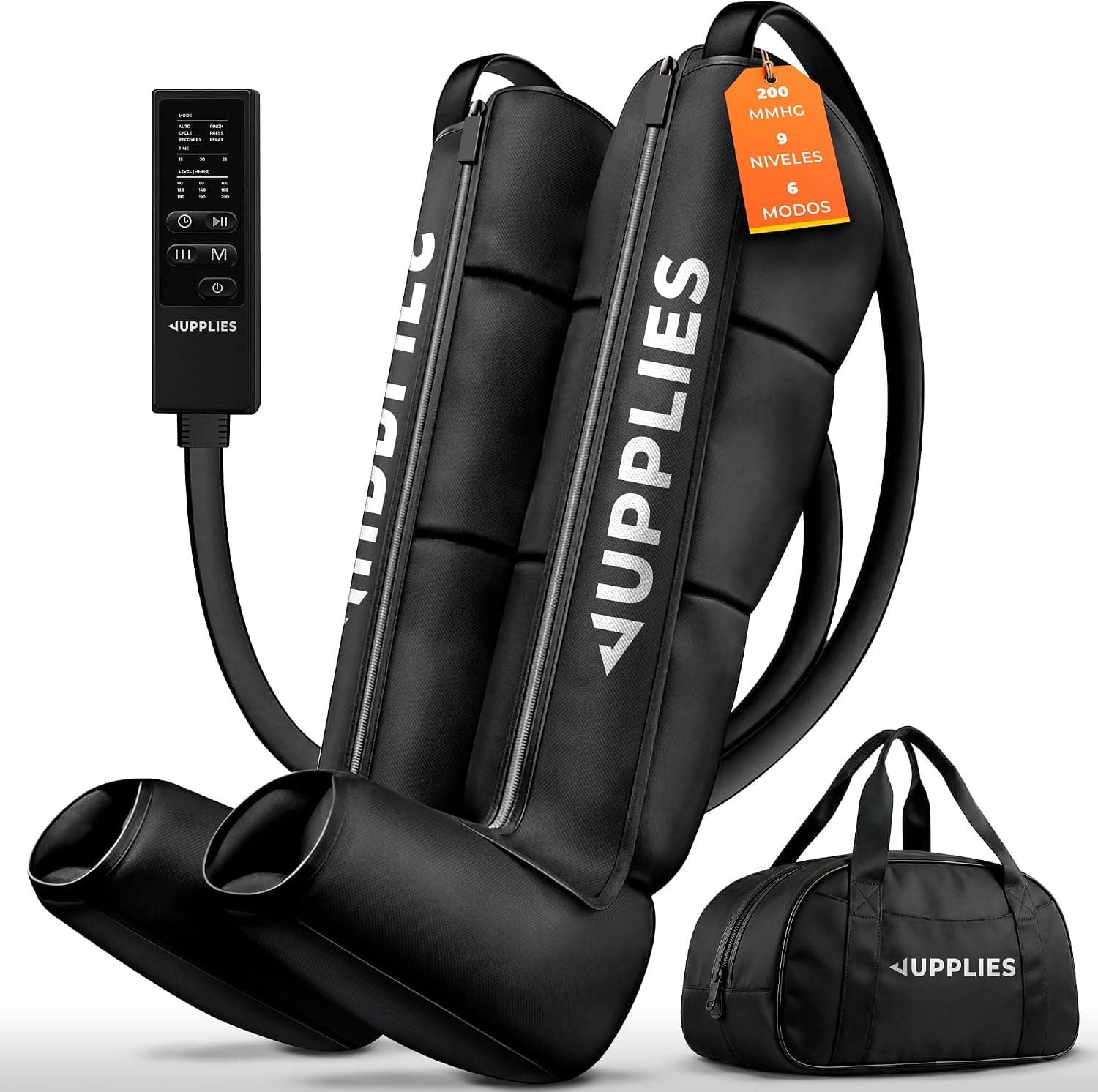 JUPPLIES Máquina Presoterapia para Casa con Botas - 6 Modos, 9 Niveles y Temporizador - Presoterapia Piernas Profesional para Drenaje Linfático, Circulación y Recuperación Muscular - con Bolsa (S)