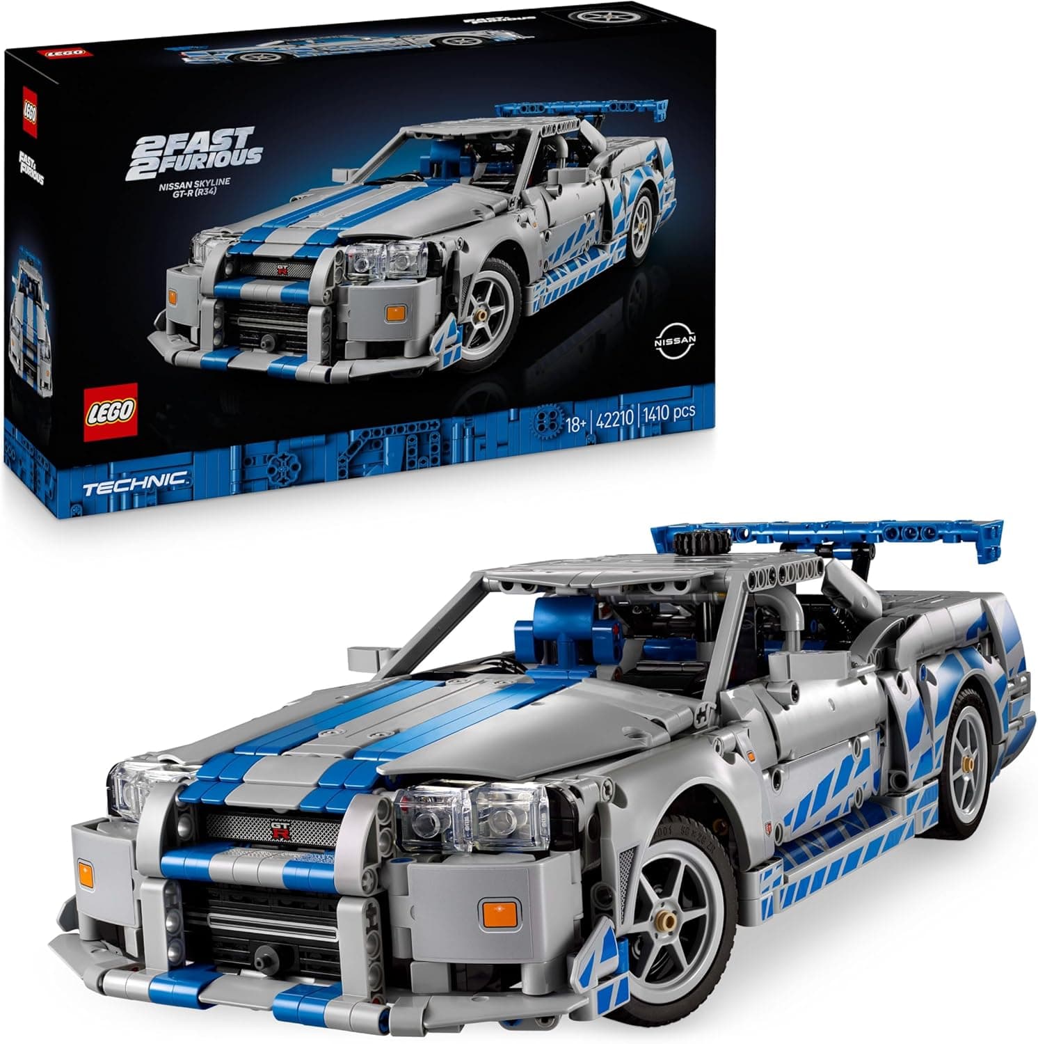 LEGO Technic Coche Nissan Skyline GT-R (R34) de 2 Fast 2 Furious - Kit de Maqueta de Coche para Adultos - Función de Derrape, Dirección, Suspensión y Motor de 6 Cilindros - Regalo para Hombres 42210