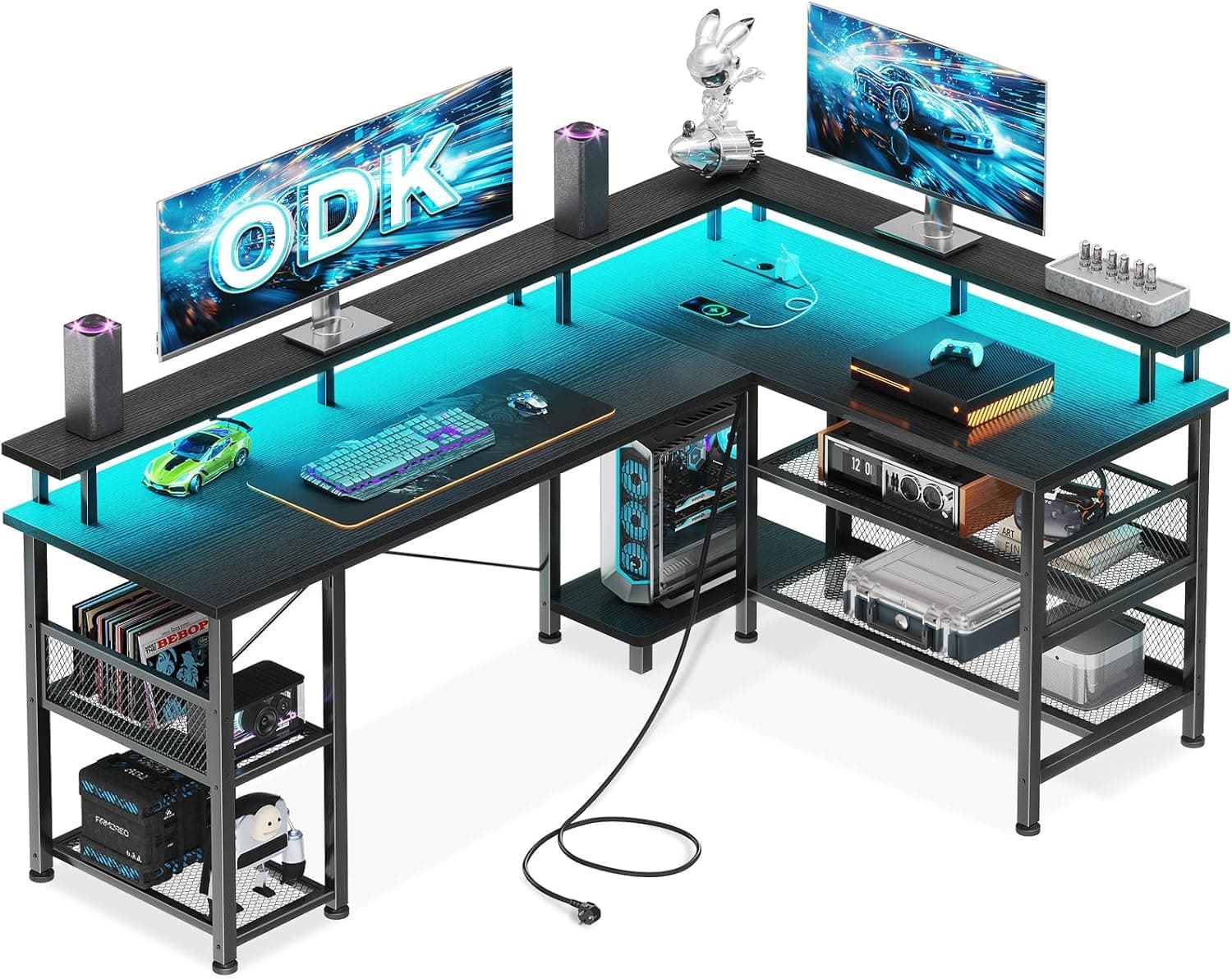 ODK Escritorio Gaming en L con LED y Estantes, 150x102cm, Negro