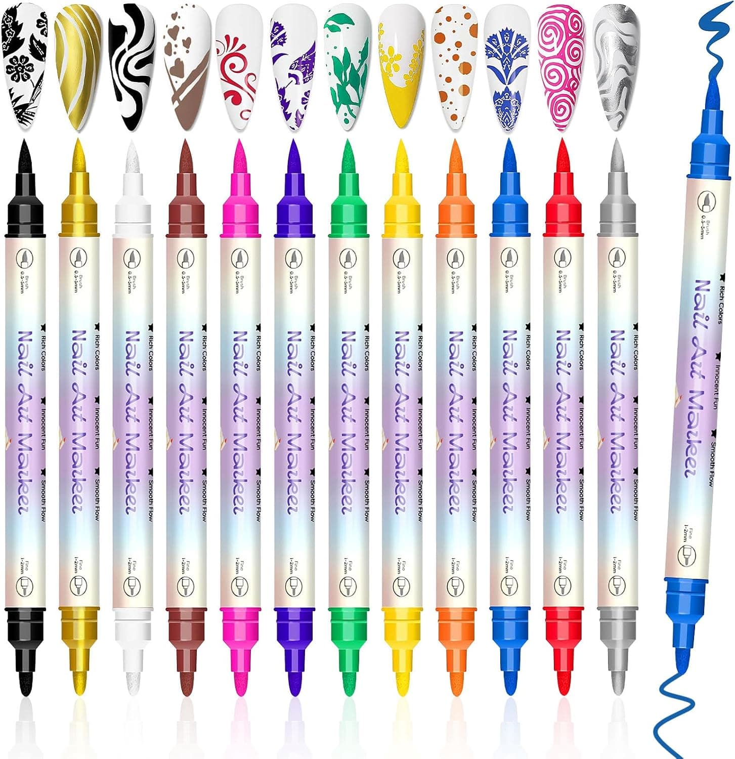 12 Pintauñas Boligrafo, Punta de 0,5-5 mm Colores Vivos Nail Pen, Esmalte de Uñas en Rotulador DIY Graffiti para Nail Art Rápido en Casa/Salón, Herramientas de Manicura Regalo para Carnaval Pascua