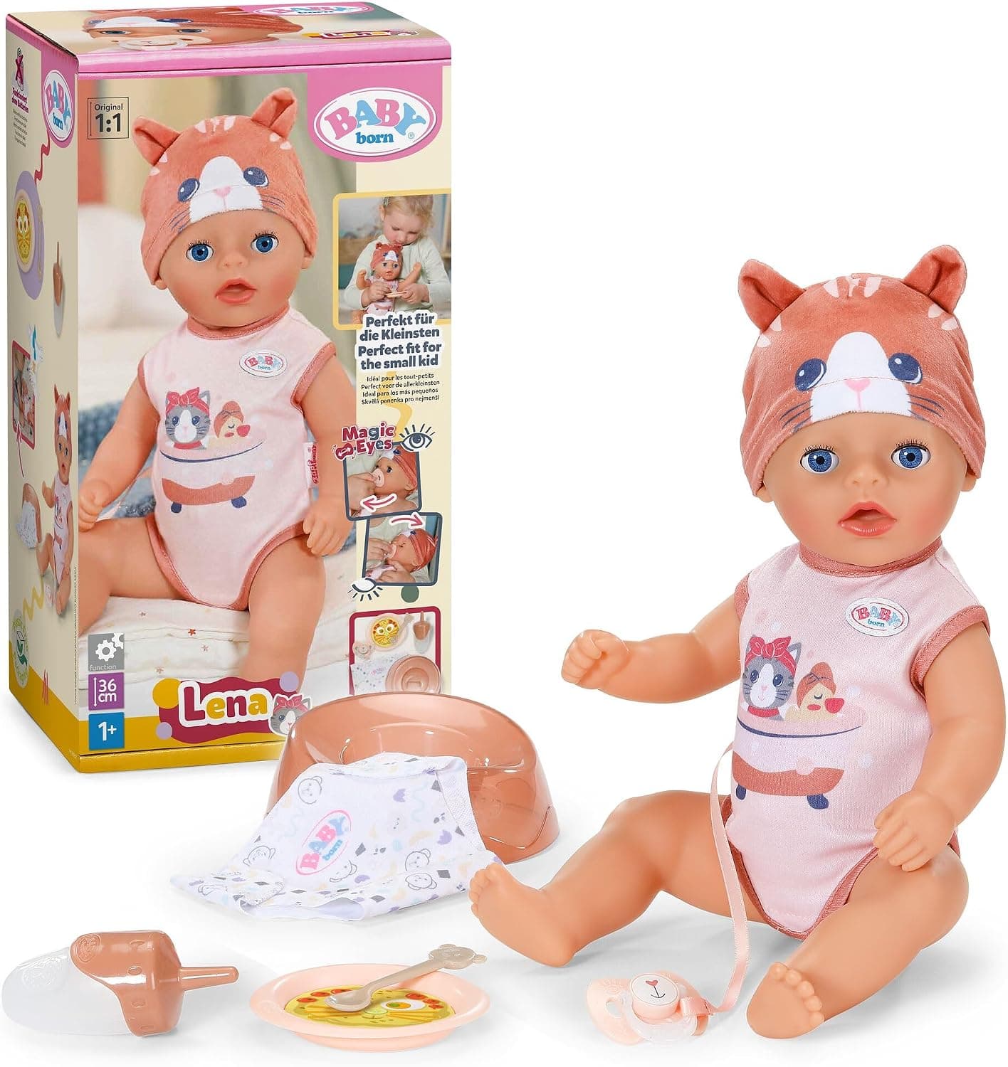 Baby born Lena 36 cm muñeca bebé con Pelele de Gato, 7 Funciones