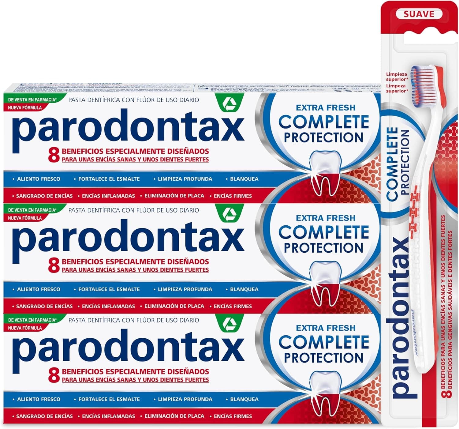Parodontax Complete Protection Extra Fresh, Para el Sangrado de Encías, Pack de 3 Pastas de Dientes con 1 Cepillo de Dientes Suave
