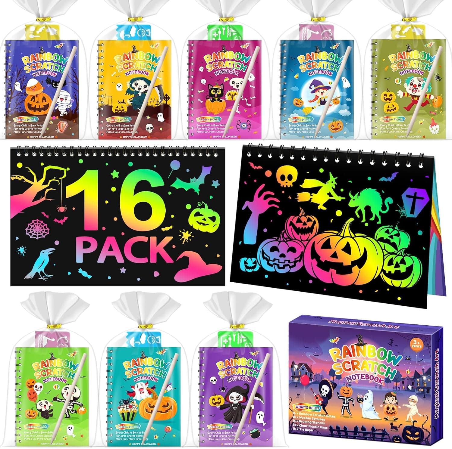 16 Kits Halloween Scratch Art para Niños, Detalles Cumpleaños Niños
