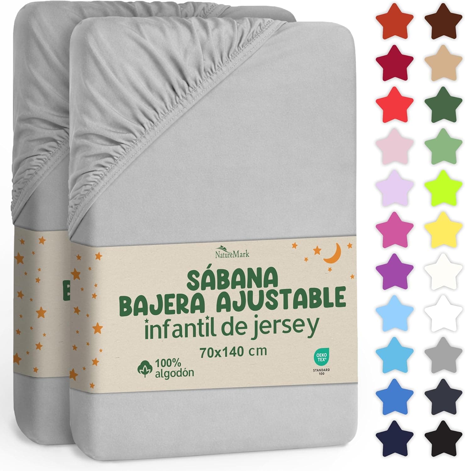 NatureMark Sábana Ajustable para Niños 70x140 cm – Suave Jersey, 100% Algodón, Pack de 2 para Cuna y Camita Infantil, Gris Plateado