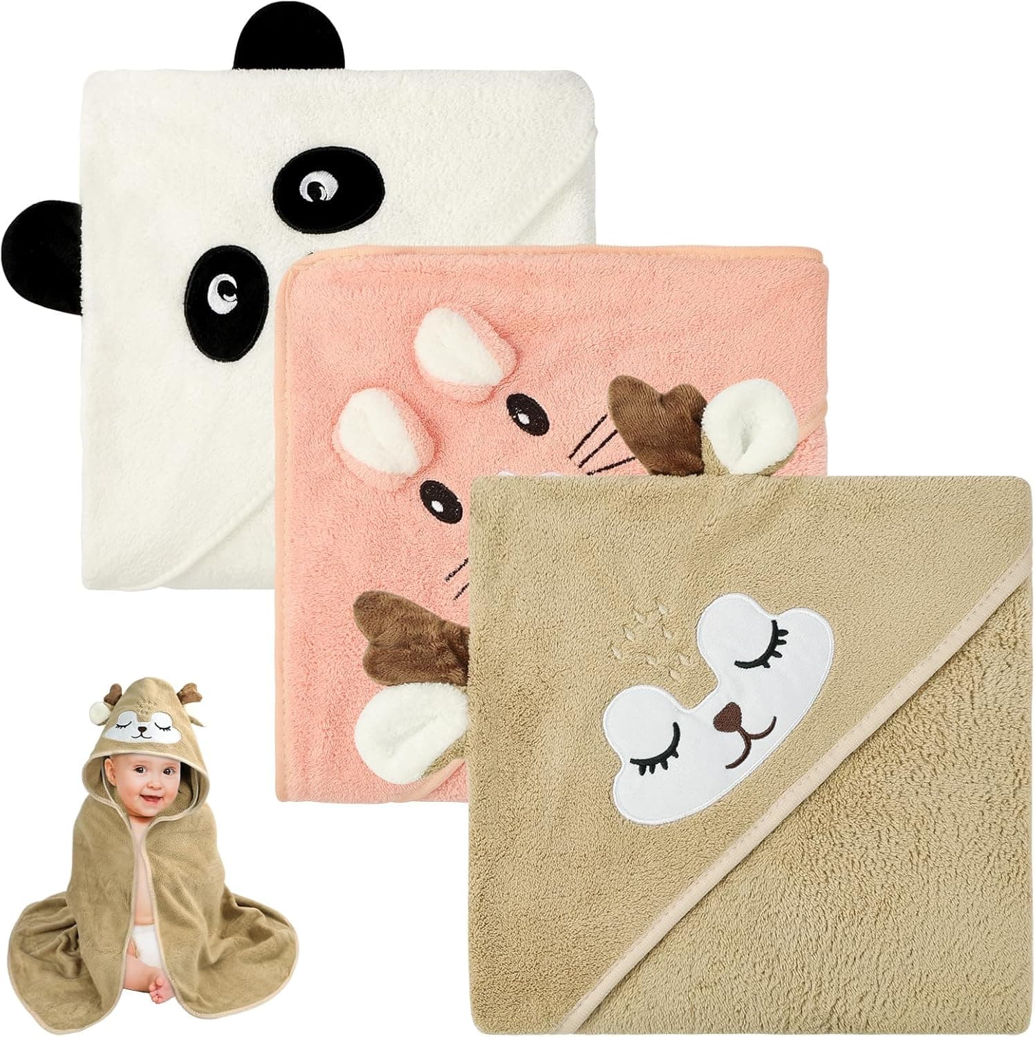 Aolso Toalla de Bebé con Capucha, 3 Toallas de Baño para Bebé con Capucha, 80 x 80 cm, Toallas Suaves y Absorbentes con Capucha para Niños Recién Nacidos y Bebés (Blanco/Café/Rosa)
