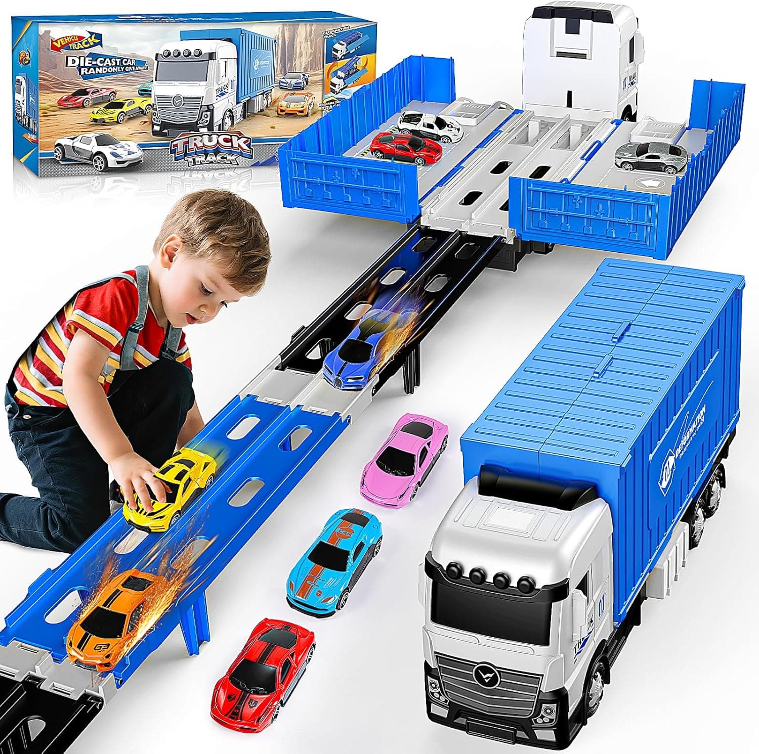 EUCOCO Juguetes Niños 2 3 4 5 6 Años, Camión de Transporte de 156 cm con 8 Mini Coches Regalo Niño Niña 2-6 Años Camiones de Juguete para Niños