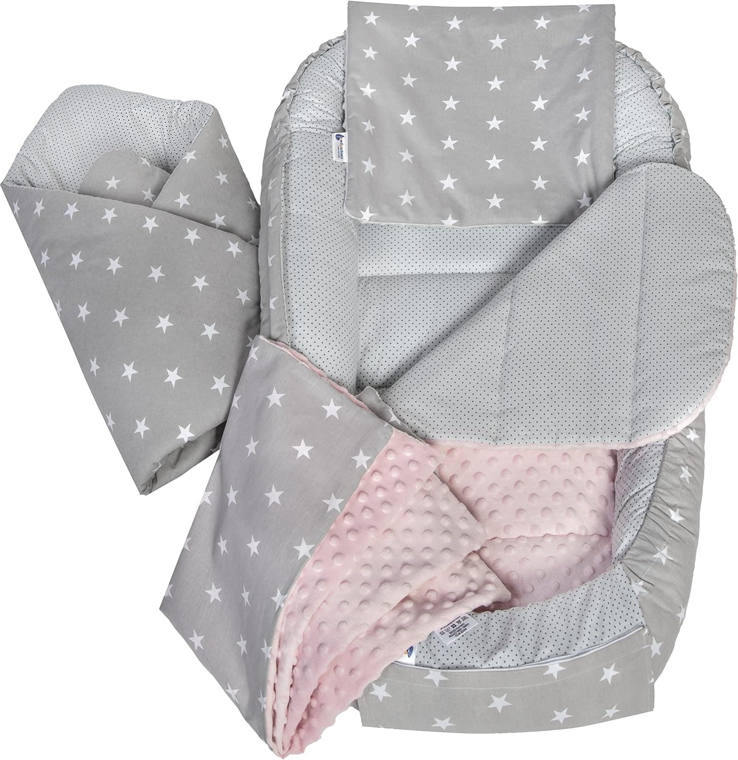 Medi Partners Nido Bebe Recien Nacido Reductor de Cuna - 100x60x15 Juego de 5 Piezas bebés anticolicos Bilateral Portátil o de Viaje 100% Algodón (Estrellas con un Minky Rosa Claro)