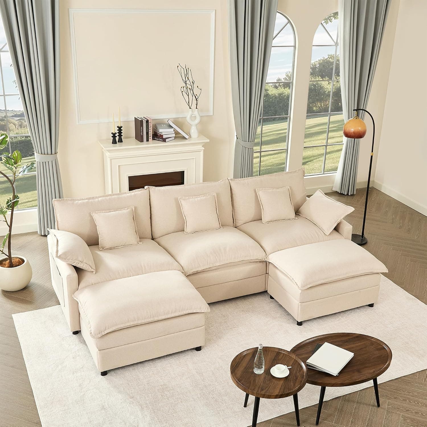 274 cm Sofá 3 Plazas Modular en Forma de U con Pufs Móviles, Blanco Roto