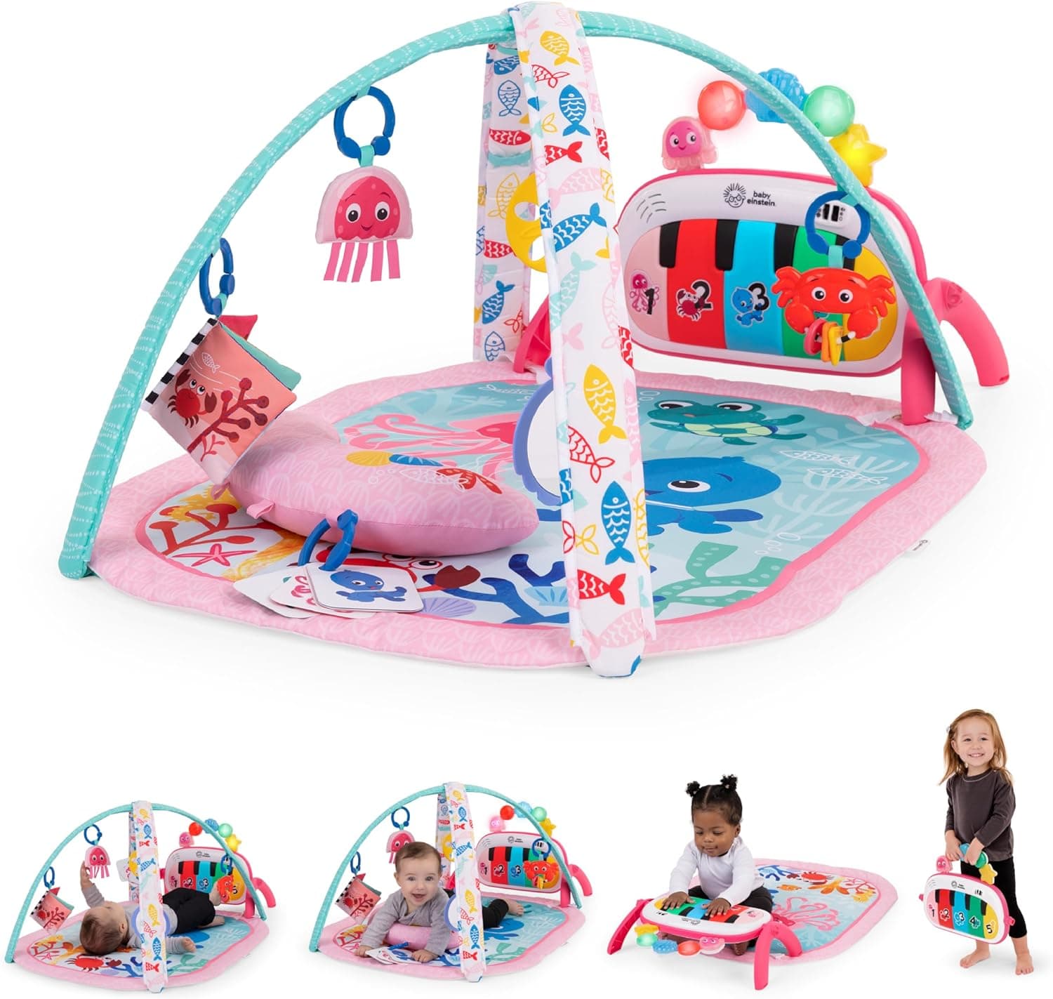 Baby Einstein, Gimnasio Bebé Ocean Explorers 4-en-1 - Alfombra Bebé Juegos con Kick Piano, Música & Descubrimiento de Idiomas, Juguetes Sensoriales, Recién Nacido +, Rosa
