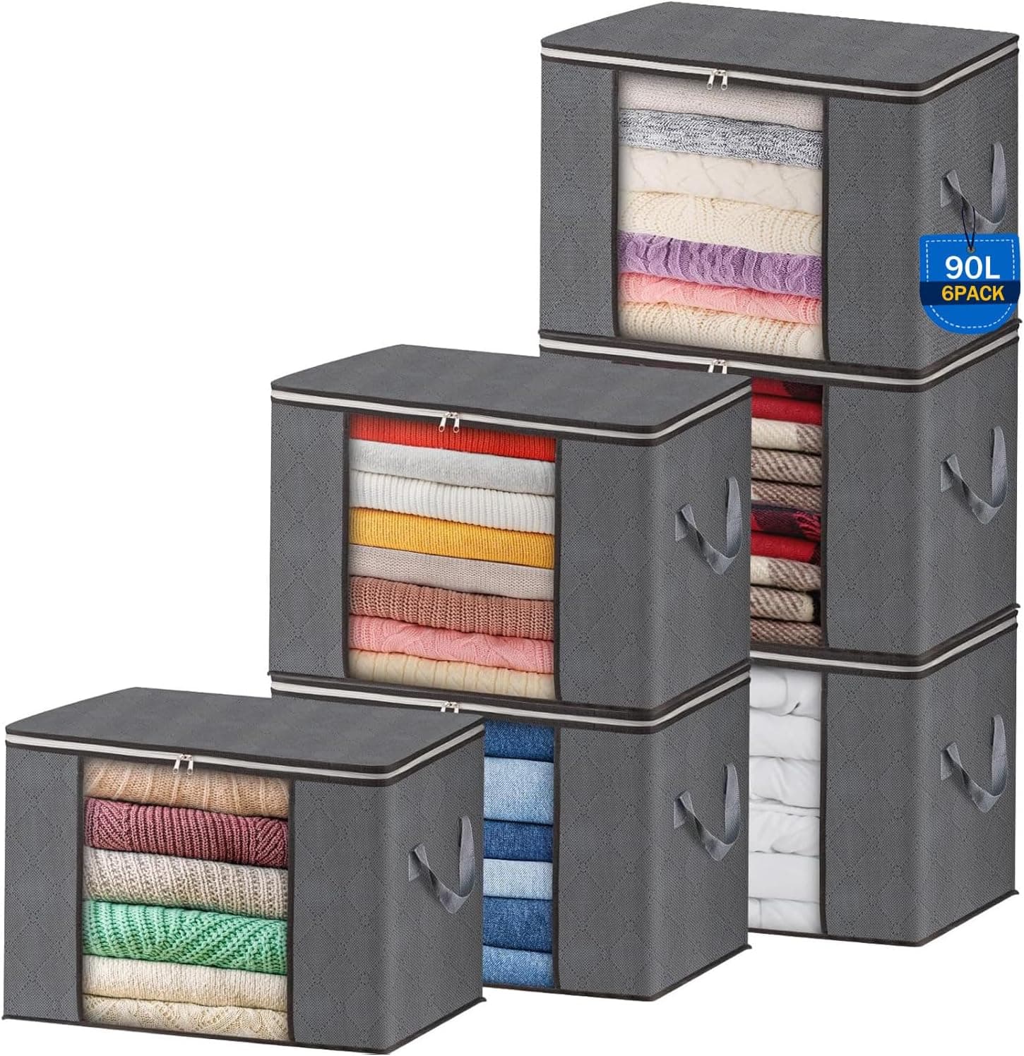 AIOR 6pcs Bolsa de Almacenamiento de Ropa Plegable, 90L Grandes Cajas de Almacenaje Ropa con Cremallera y Mango Reforzado, No-Tejida Organizador Guardar para Edredones Mantas, 60x40x35cm