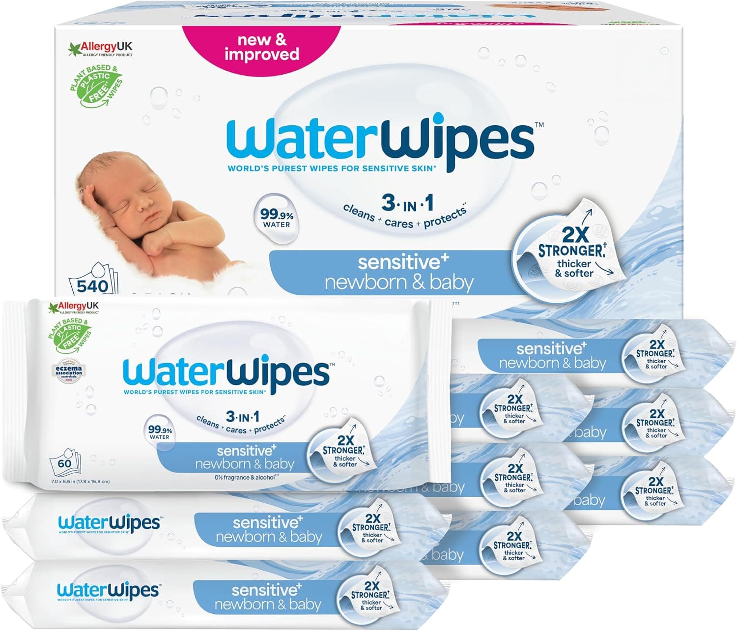 WaterWipes Sensitive+ Newborn & Baby Wipes, 9 Paquetes