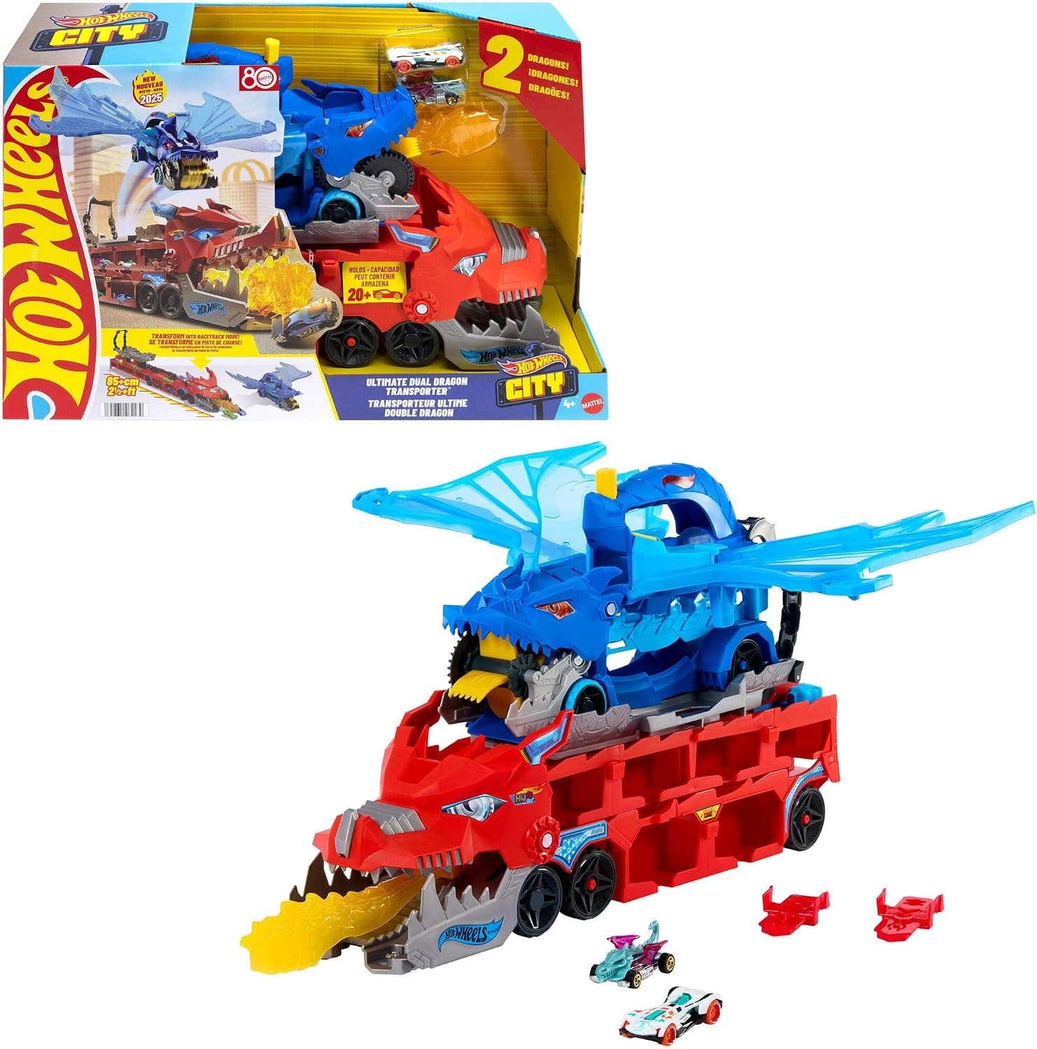 Hot Wheels City Ultimate Dual Dragon Transporter y 2 Coches