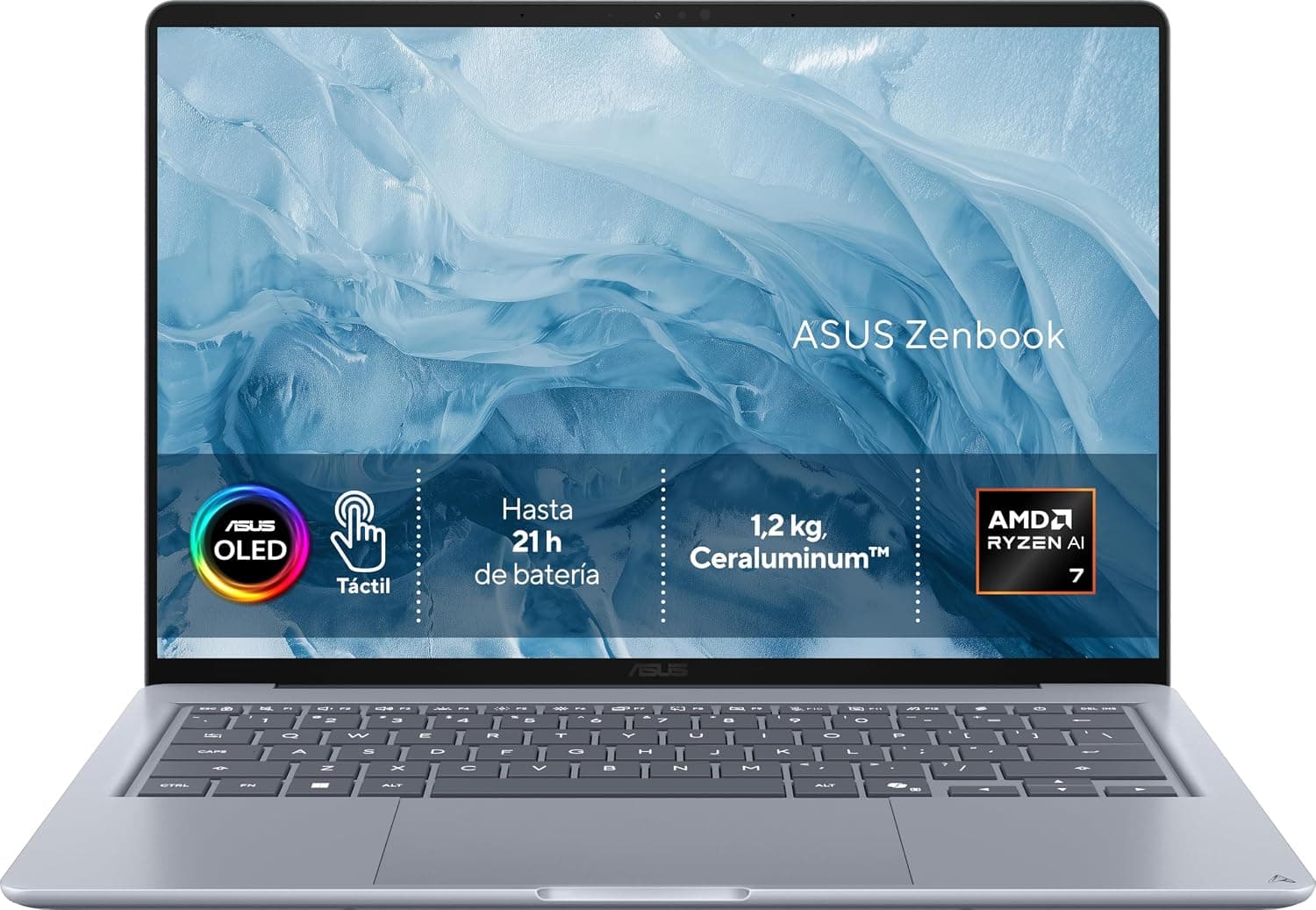 ASUS Zenbook 14 OLED UX3480KA-U2051W Copilot+ PC - Ordenador Portátil WUXGA (AMD Ryzen AI 7 345, 16GB RAM, 512GB SSD, Radeon 840M, Windows 11 Home) Azul Ártico - Teclado QWERTY español
